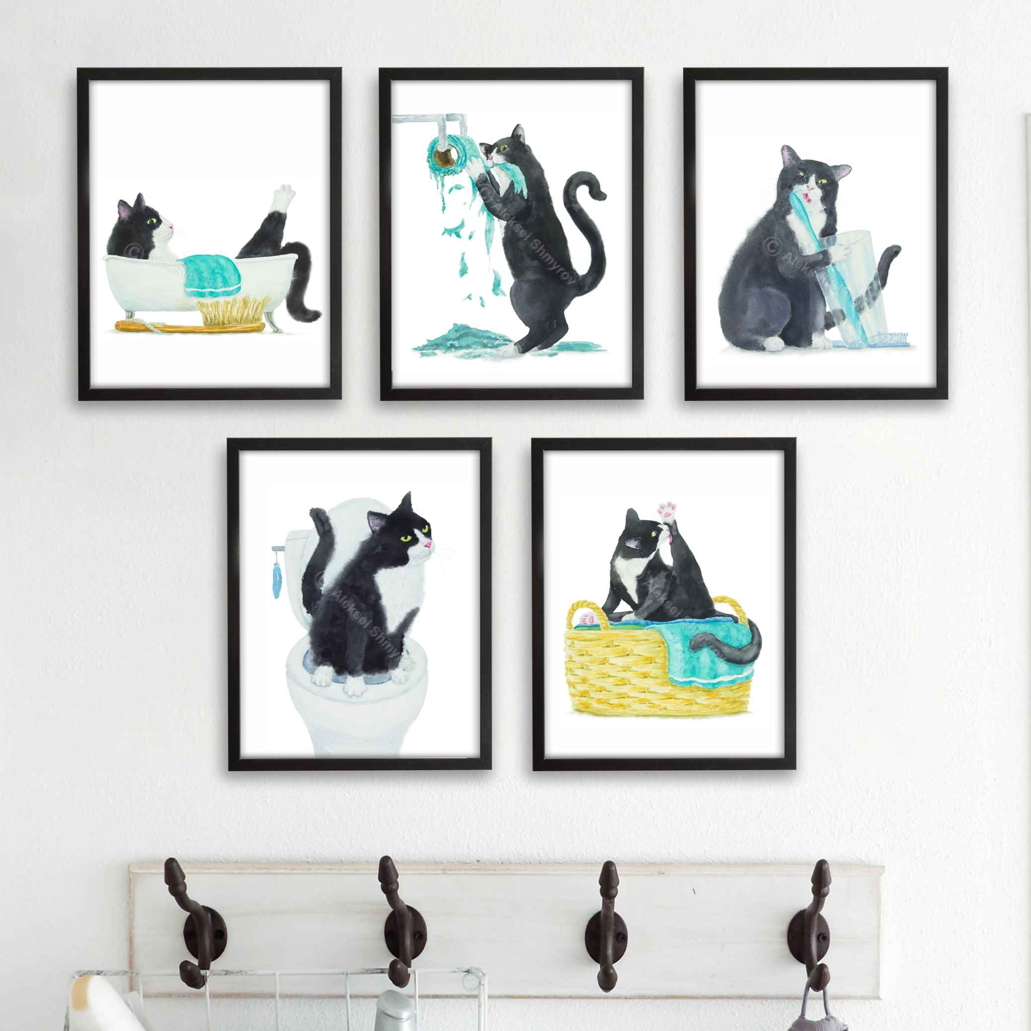 Bathroom Tuxedo Cat Print set of 5 Cat Art, Cat Decor, Water Inspire