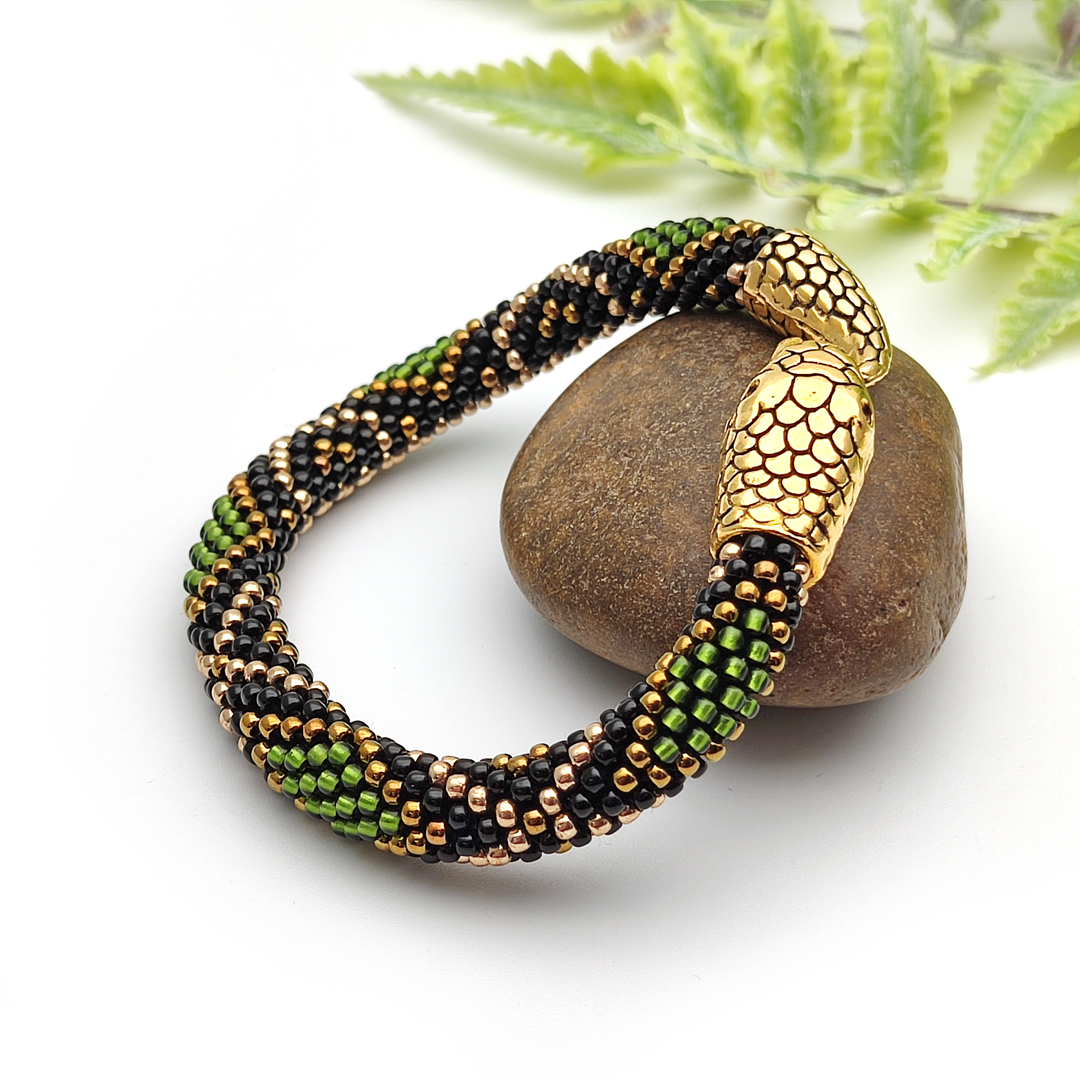 Green snake bracelet handmade, Ouroboros beaded jewelry, Coo Inspire