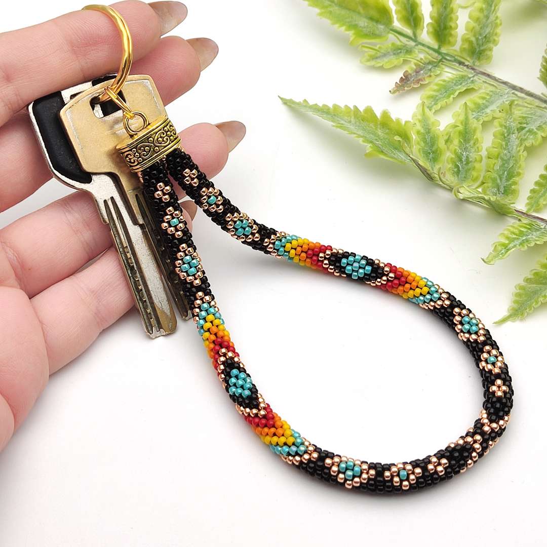Native style beaded wrist keychain Black keychain wristlet B Inspire