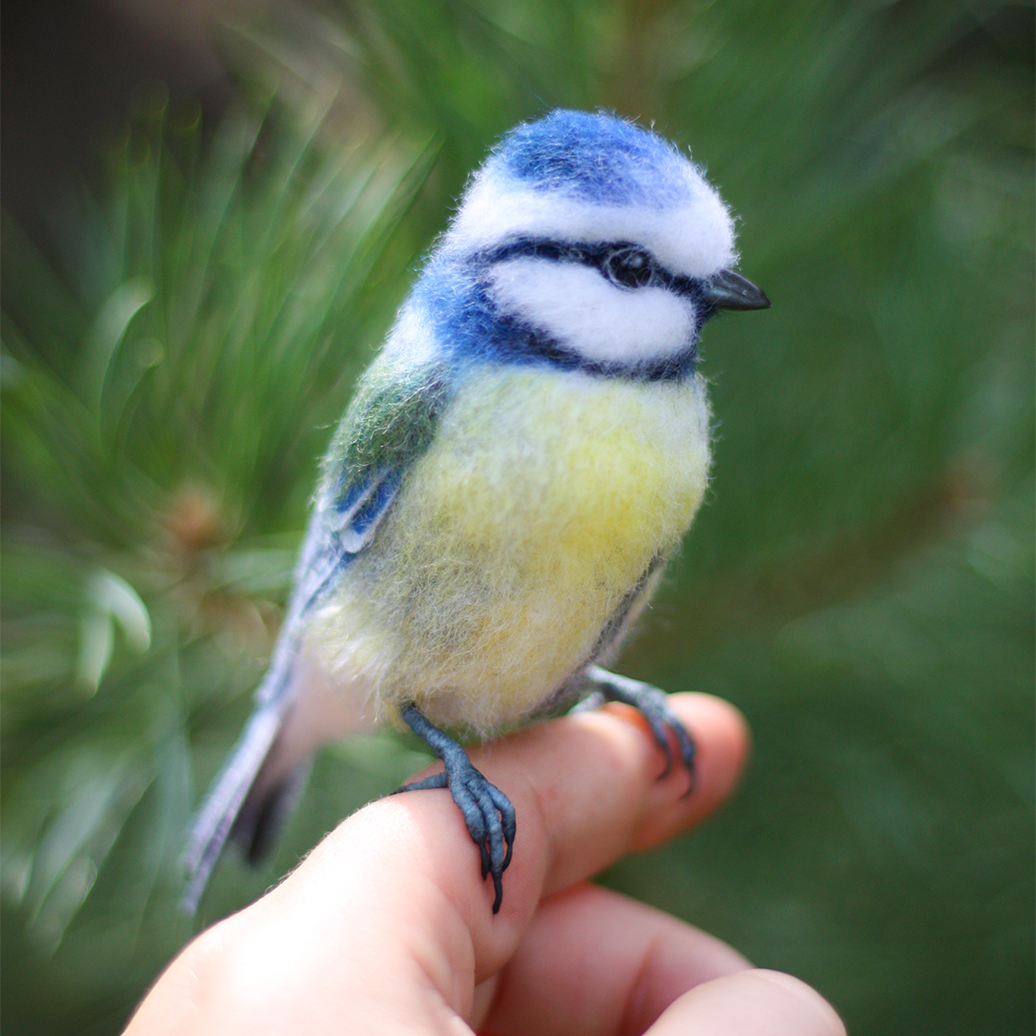 Felted bird realistic toy blue titmouse Felt art doll Needle Inspire