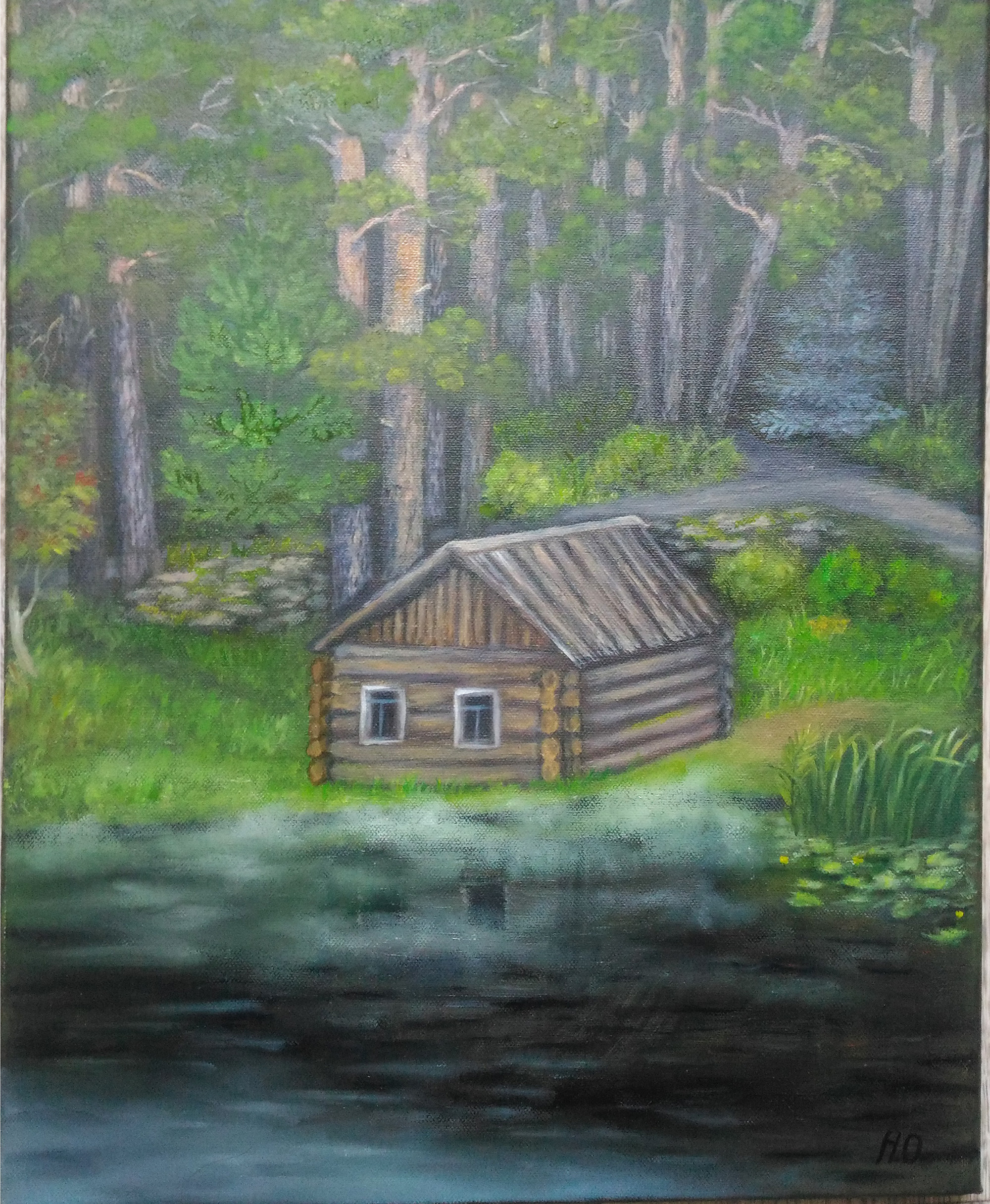 Forest house oil painting on canvas Lake original oil artwo Inspire Uplift