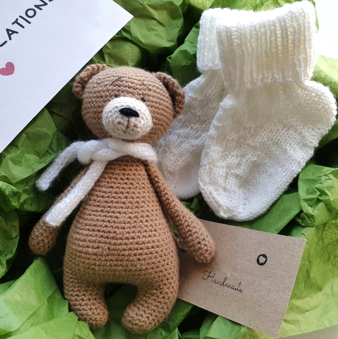 Woodland baby shower Crochet teddy bear Knitted baby socks N Inspire