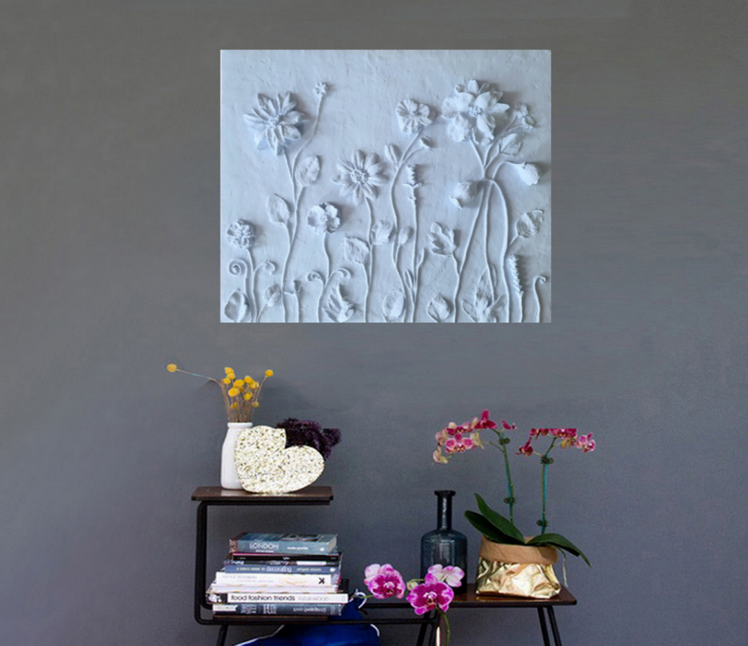 Large Sculptural wall art Light blue basrelief Concrete fl Inspire