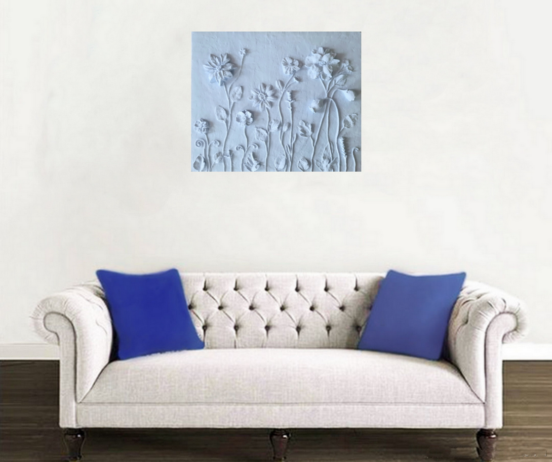 Large Sculptural wall art Light blue basrelief Concrete fl Inspire