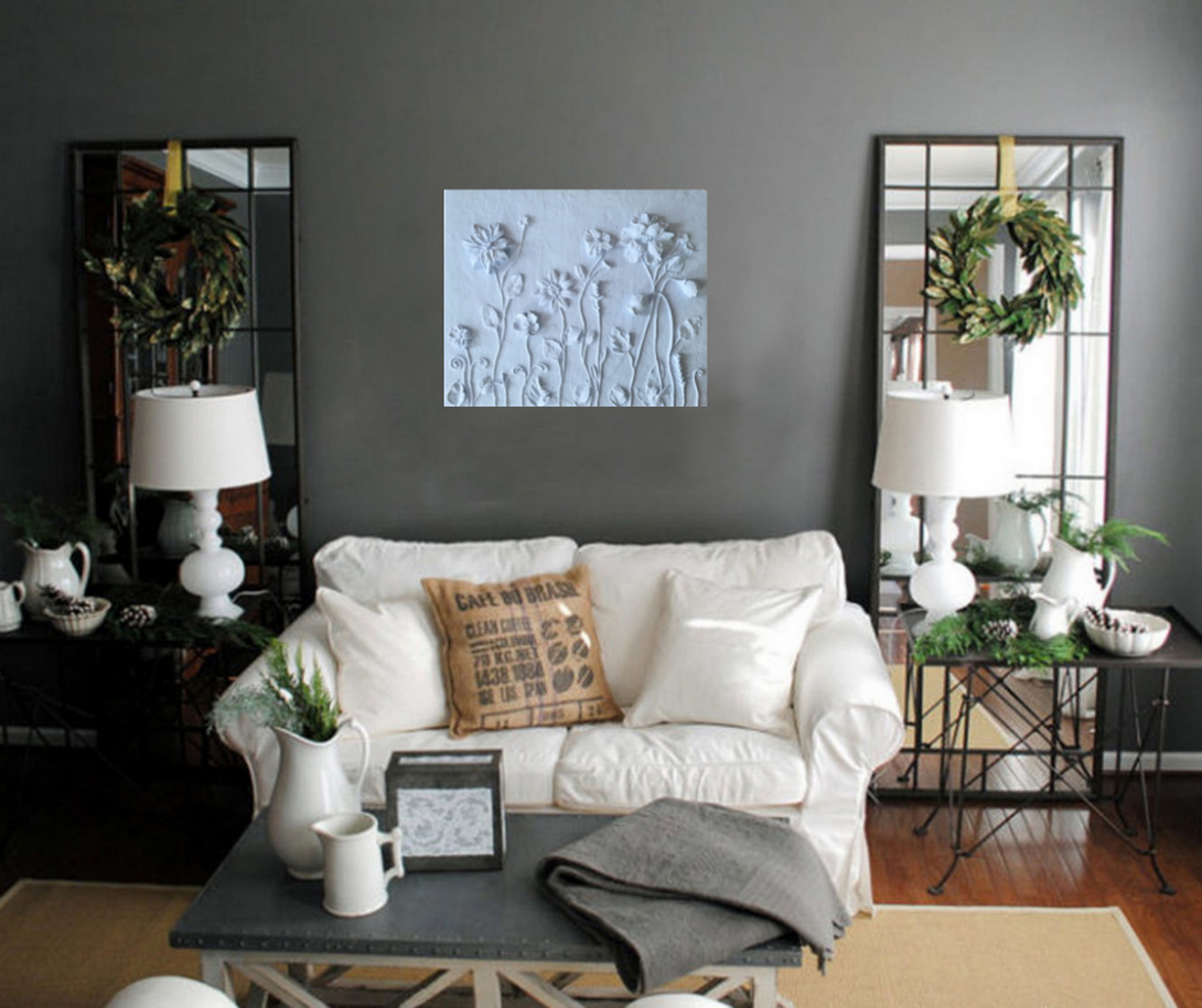 Large Sculptural wall art Light blue basrelief Concrete fl Inspire