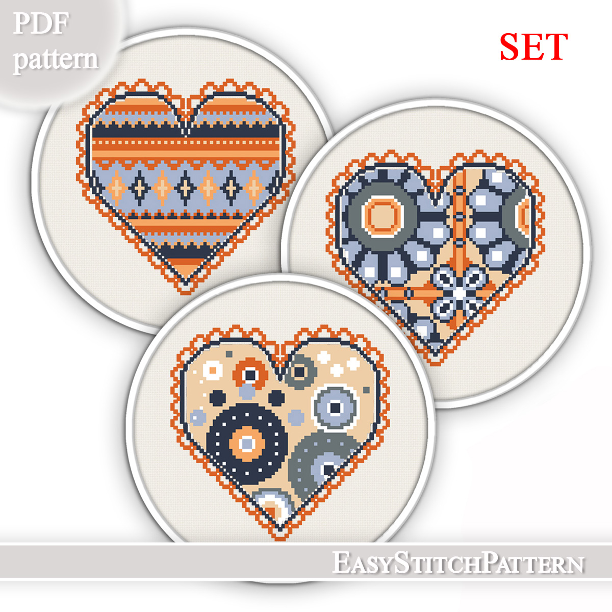 Abstract Hearts Cross Stitch Pattern. Set of 3. Love Inspire Uplift