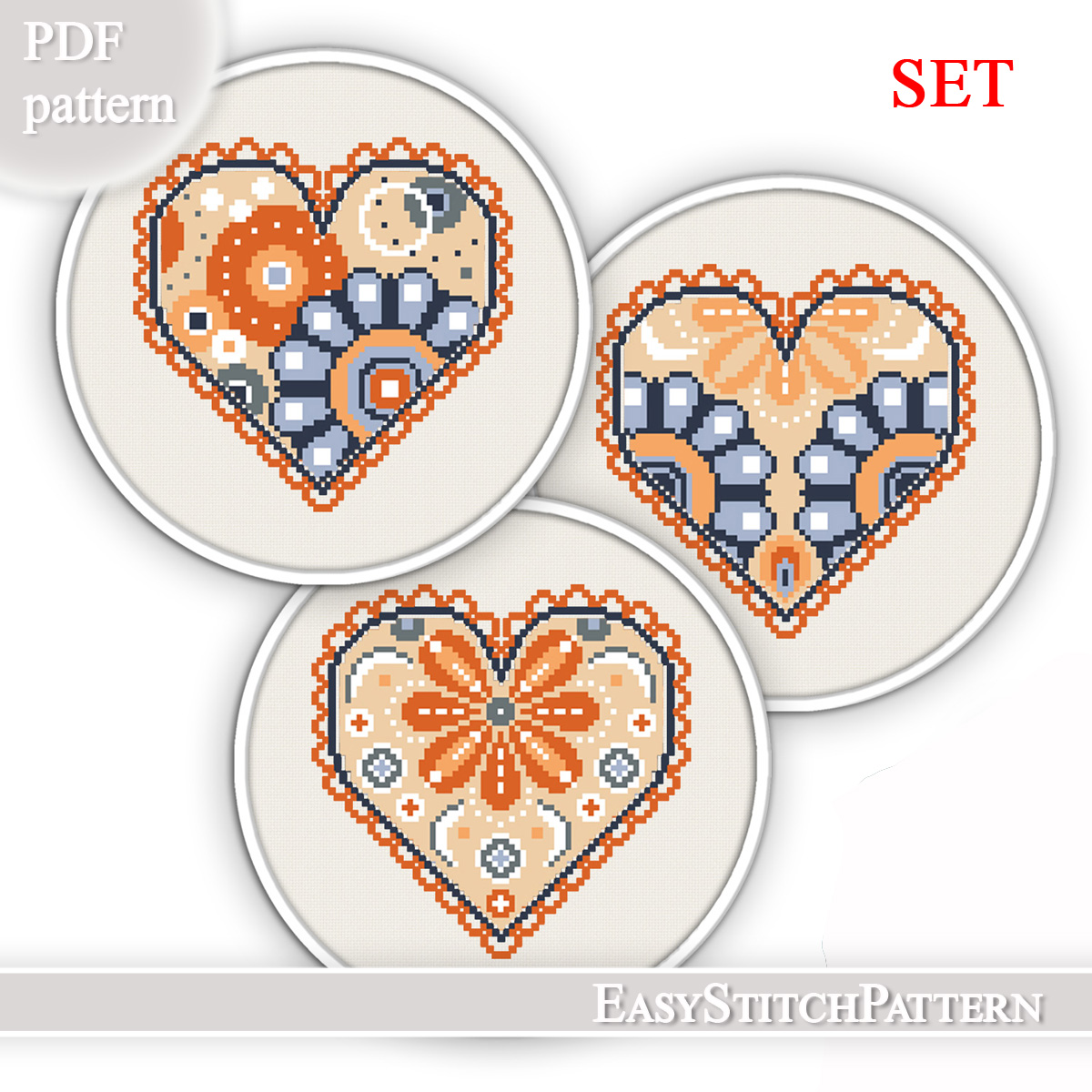 Flower Hearts Cross Stitch Pattern. Set of 3. Abstract, Inspire Uplift