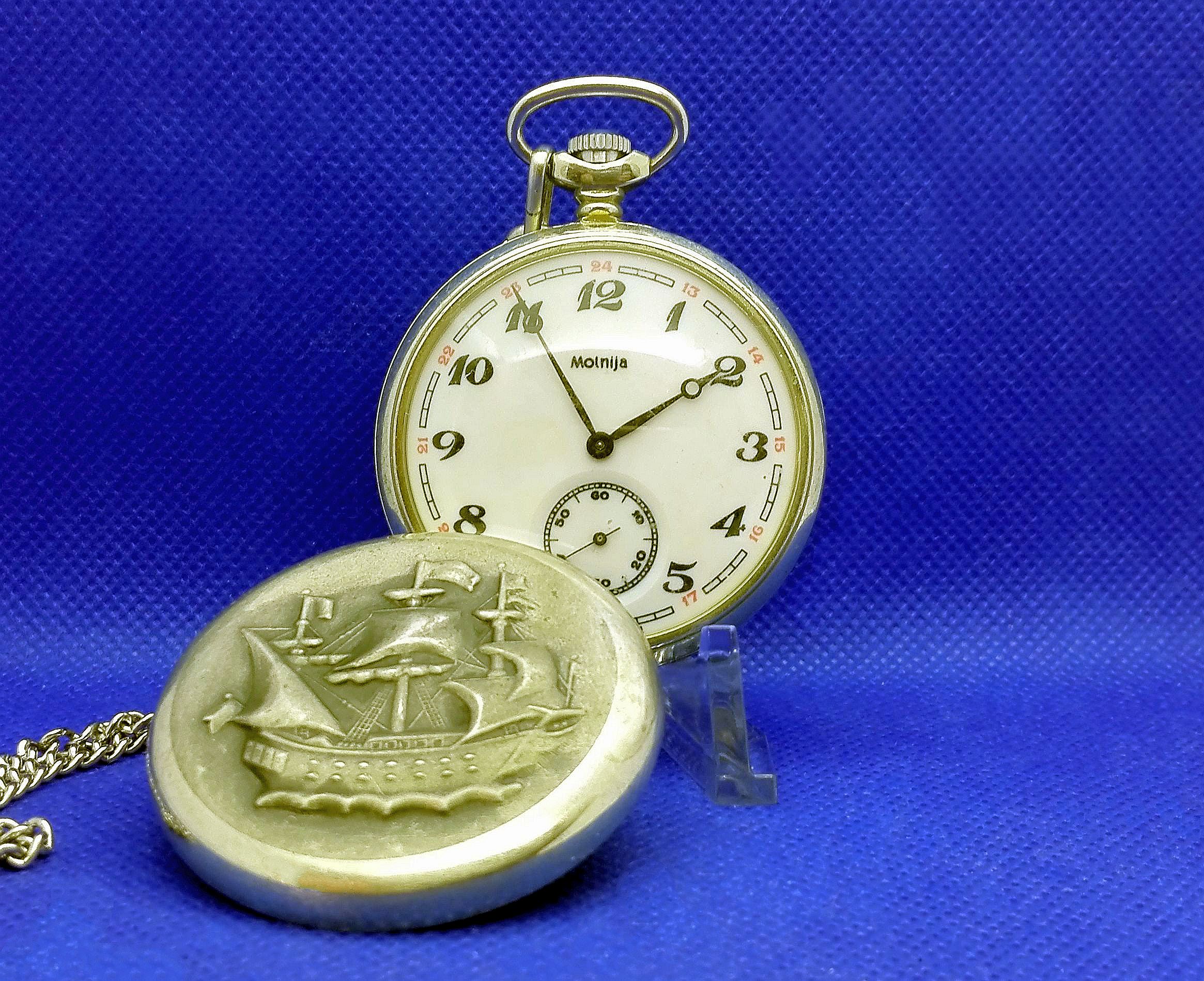 Soviet Pocket Watch Frigate Ship. Vintage Mechanical Watch Inspire Uplift