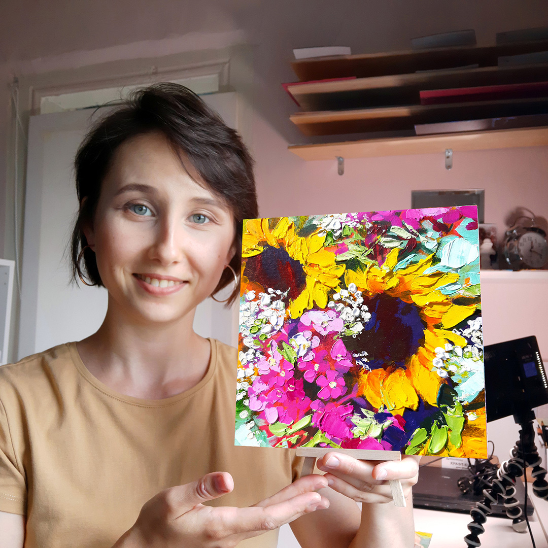 Sunflower Painting Original Art Foget Me Not Artwork Flower Inspire