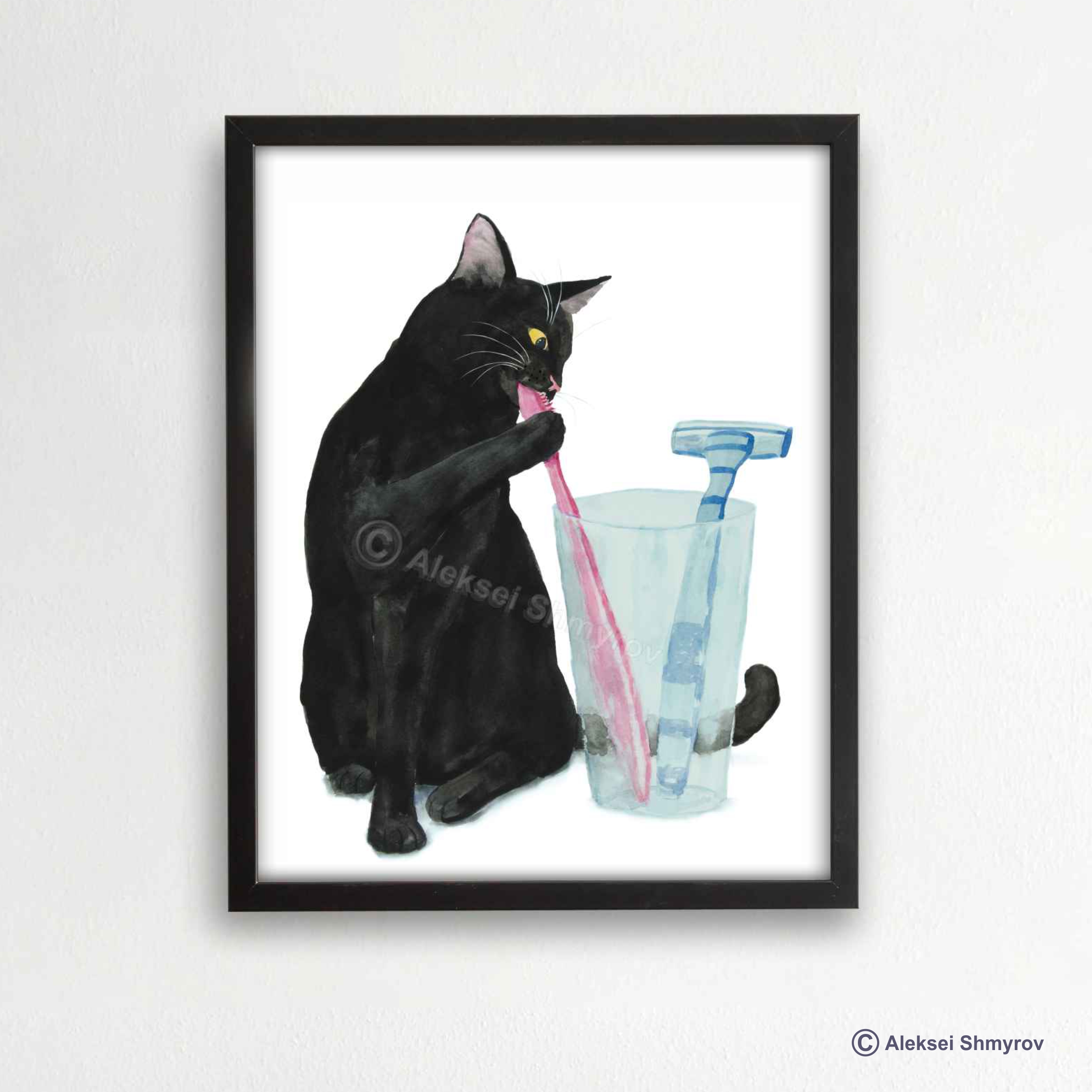 Bathroom Black Cat Art Print, Cat Decor, Watercolor Painting Inspire Uplift