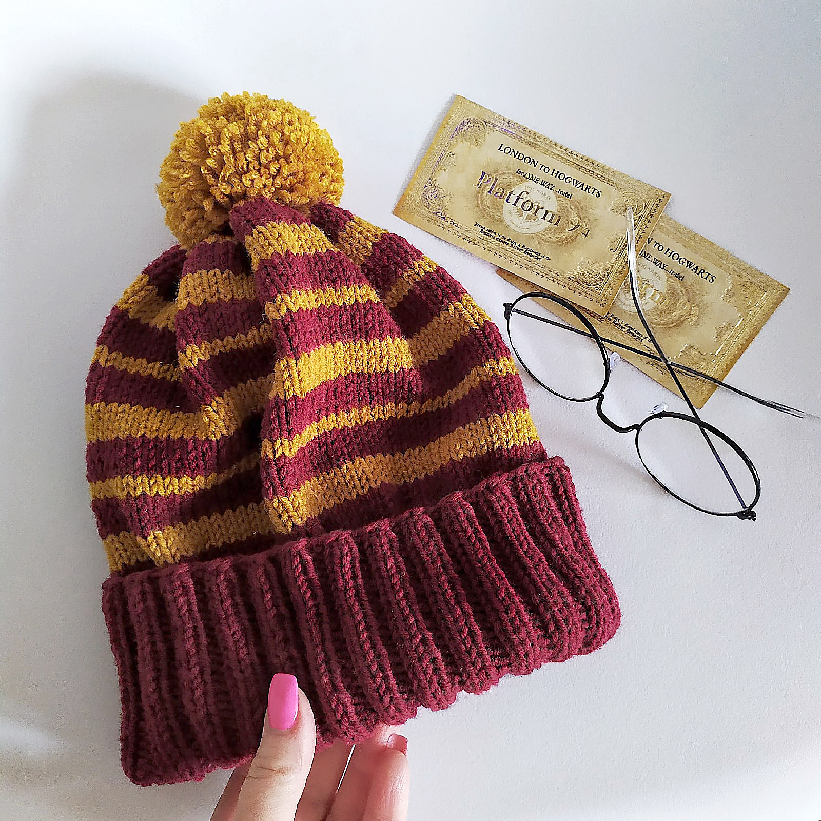 Griffindor pompom handknit women hat Christmas gift for her