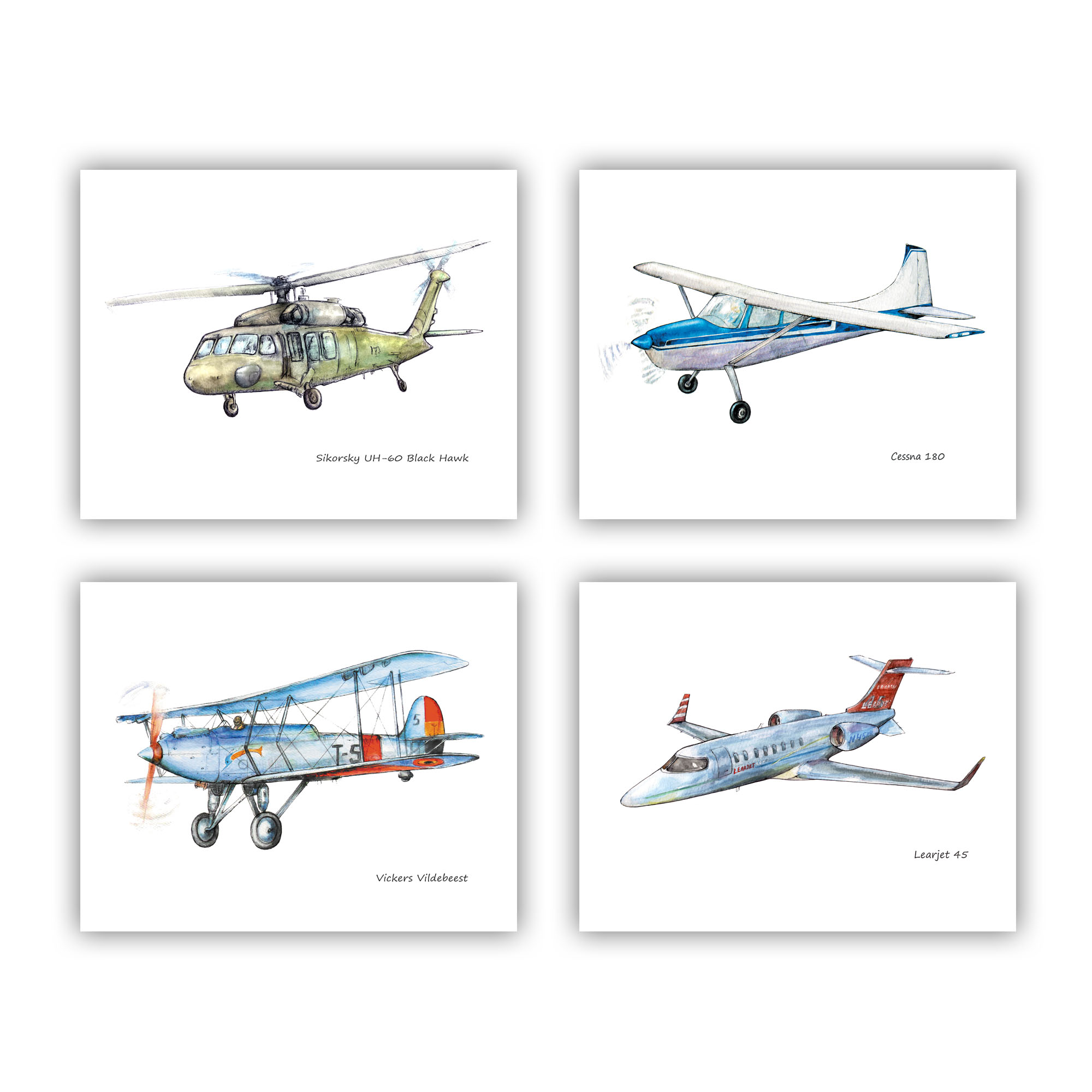Planes and helicopter Set 4 watercolor prints Paper unframed - Inspire Uplift Planes and helicopter Set 4 watercolor prints Paper unframed - Inspire Uplift
