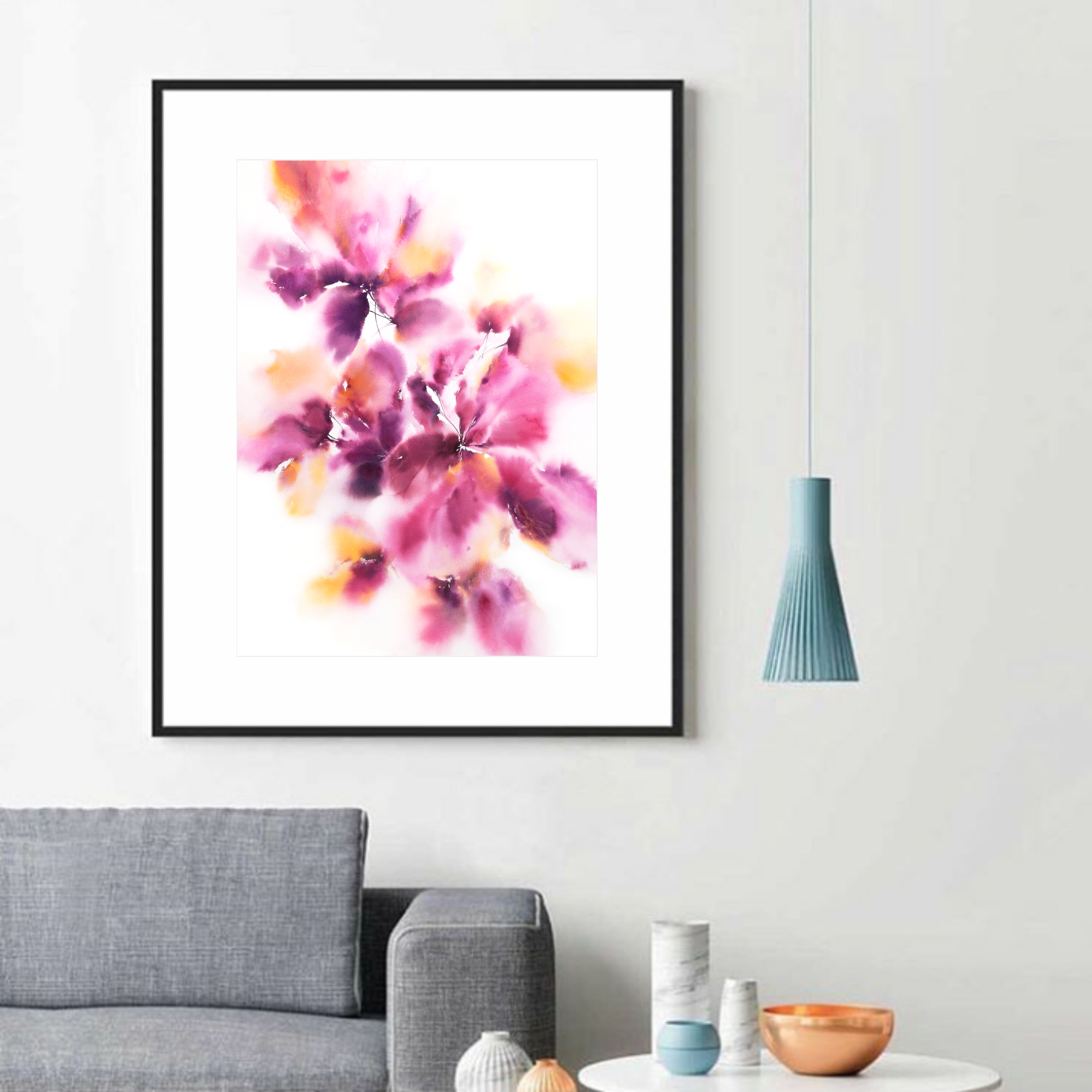 Abstract floral wall art with watercolor purple flowers Larg Inspire