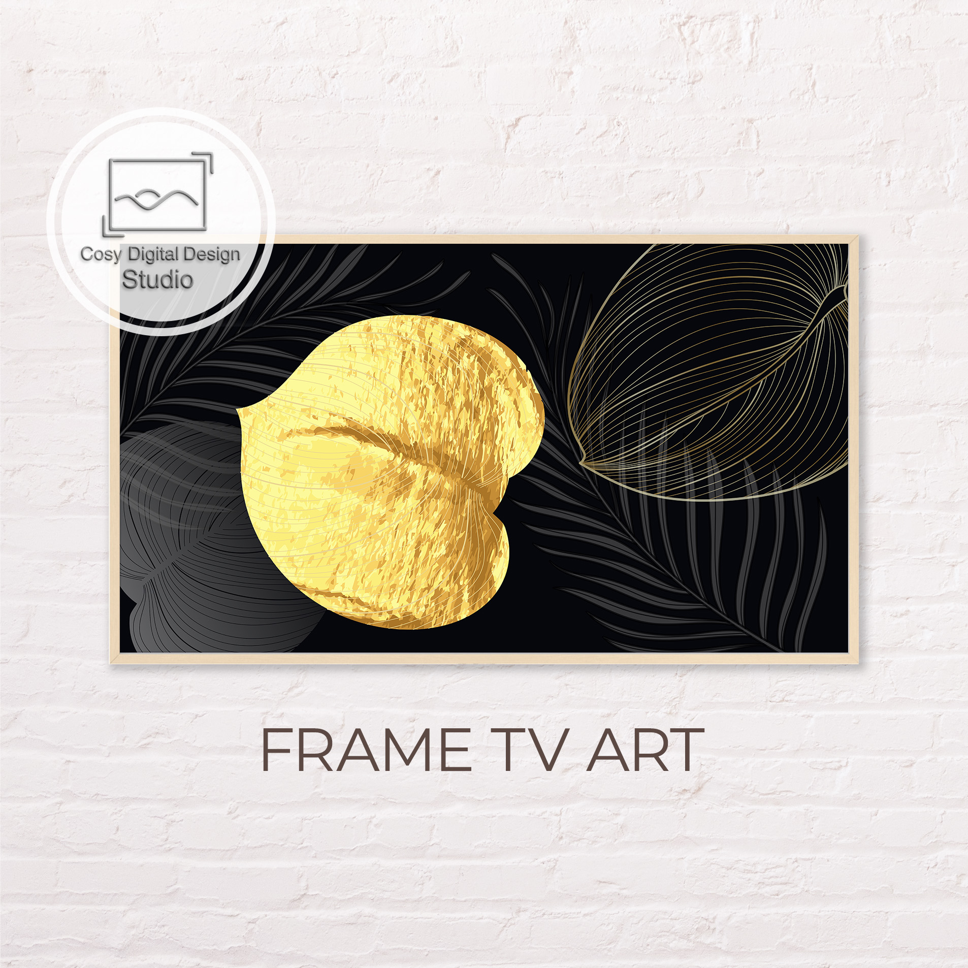 Samsung Frame Tv Art 4K Abstract Black And Gold Flower Leaves Art For