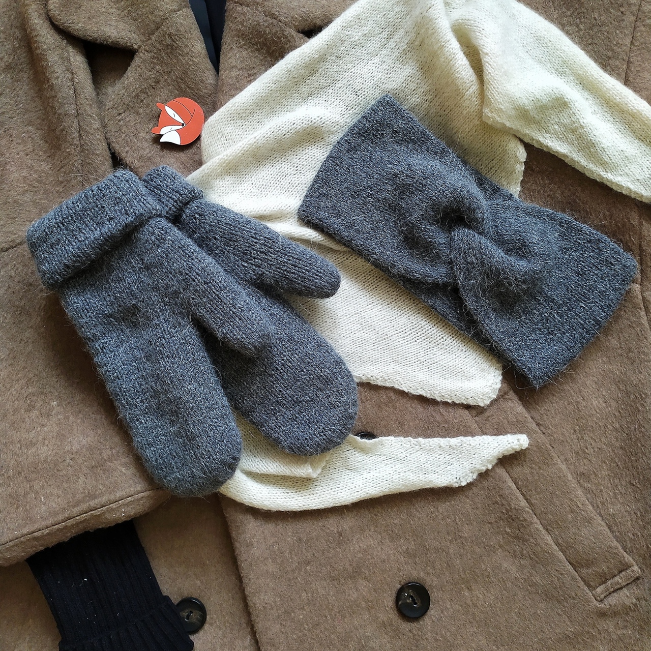 Set of 2:  Knit women alpaca double warm mittens and knit alpaca earwarmer