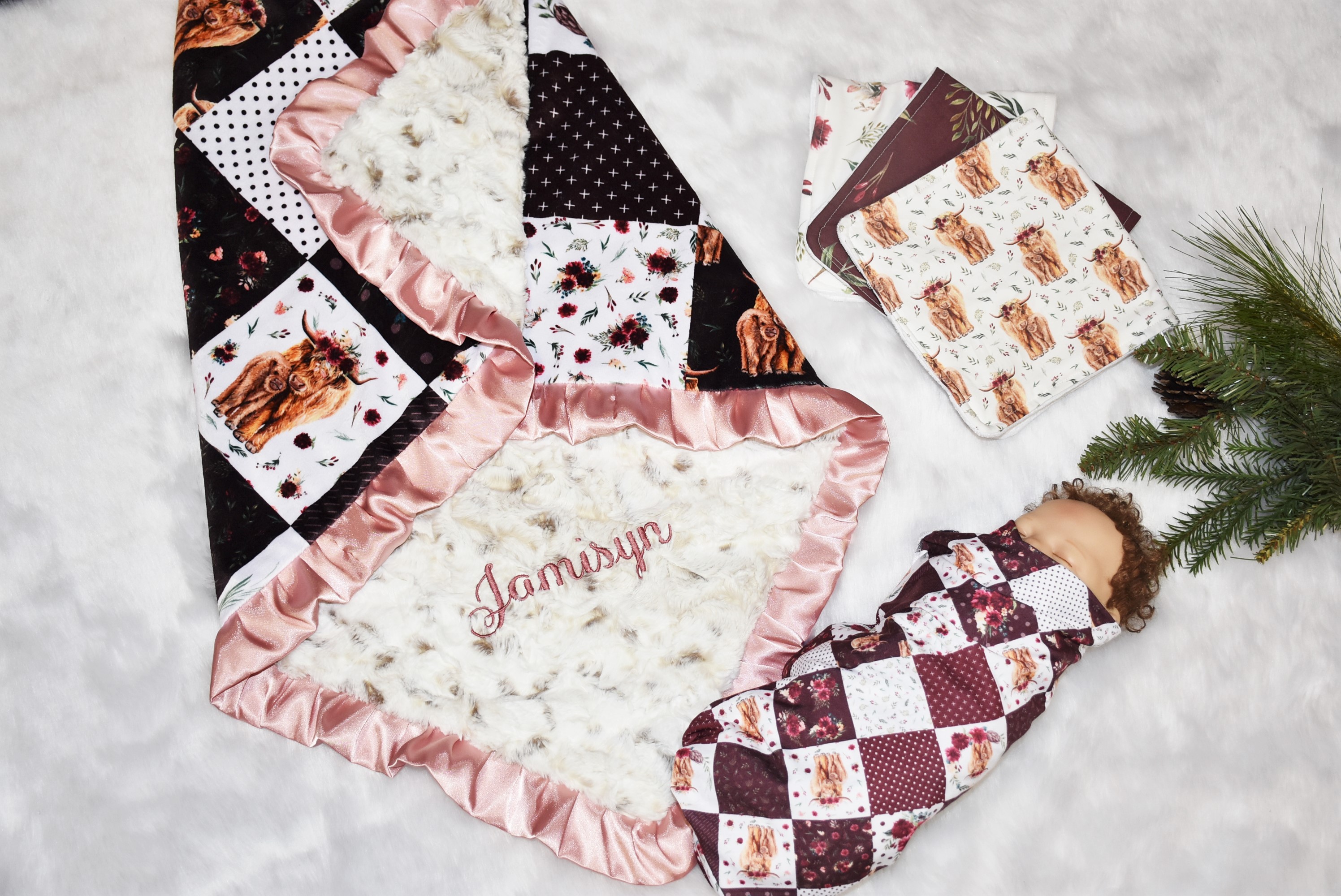 Personalized Highland Cow Baby girl Minky Blanket Inspire Uplift