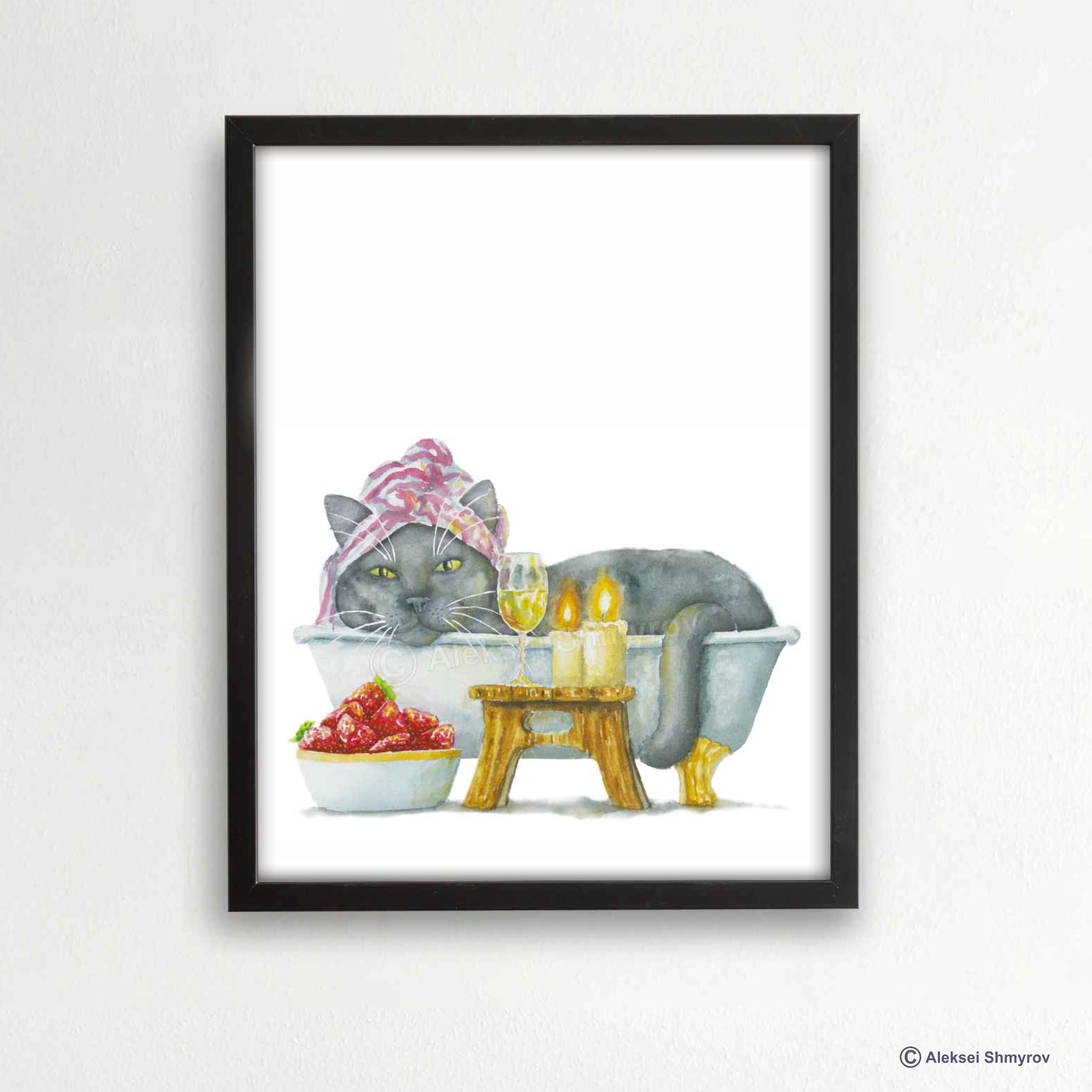 Bathroom Gray British Cat Art Print, Cat Decor, Watercolor P Inspire