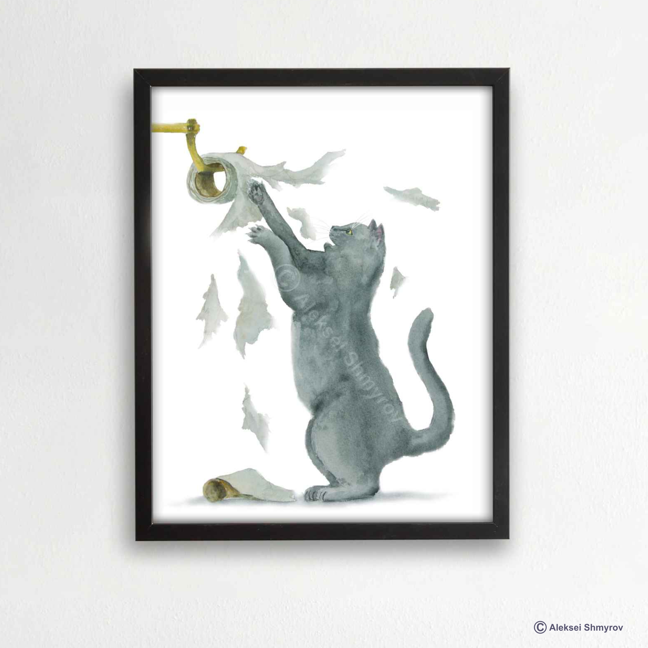 Bathroom Gray British Cat Art Print, Cat Decor, Watercolor P Inspire