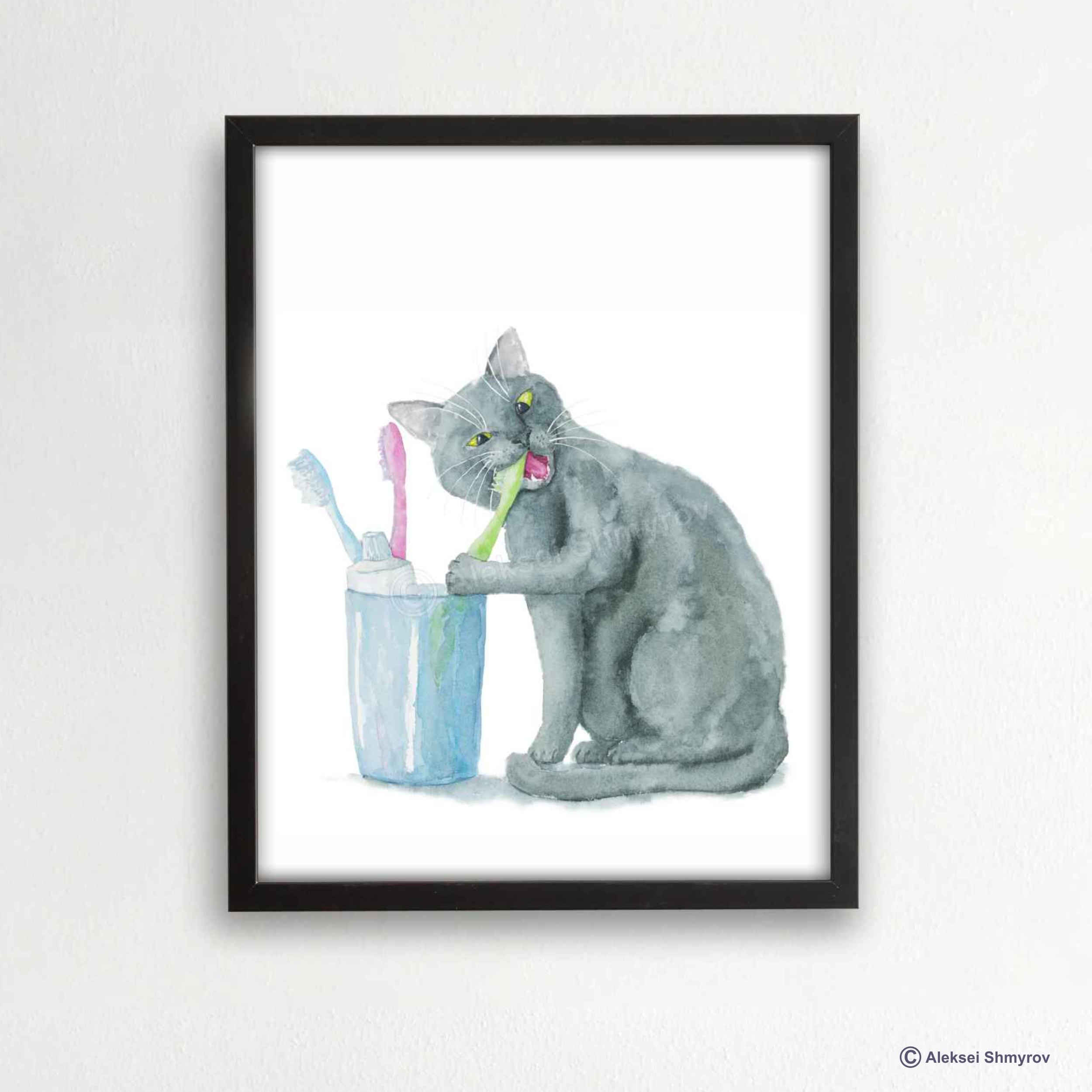 Bathroom Gray British Cat Art Print, Cat Decor, Watercolor P Inspire