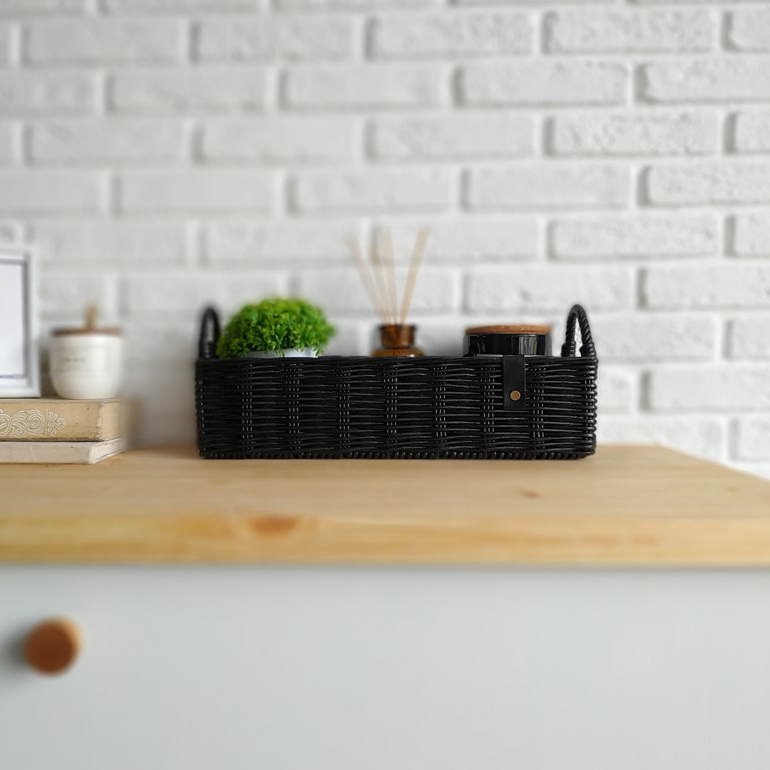 Black toilet paper basket. Woven rectangle toilet tray. Toil - Inspire Uplift