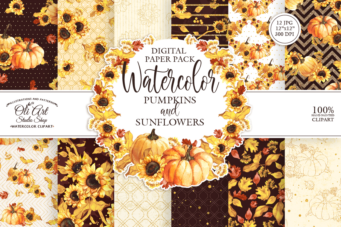 Digital paper pack. Watercolor sunflower and Pumpkin clipart - Inspire ...