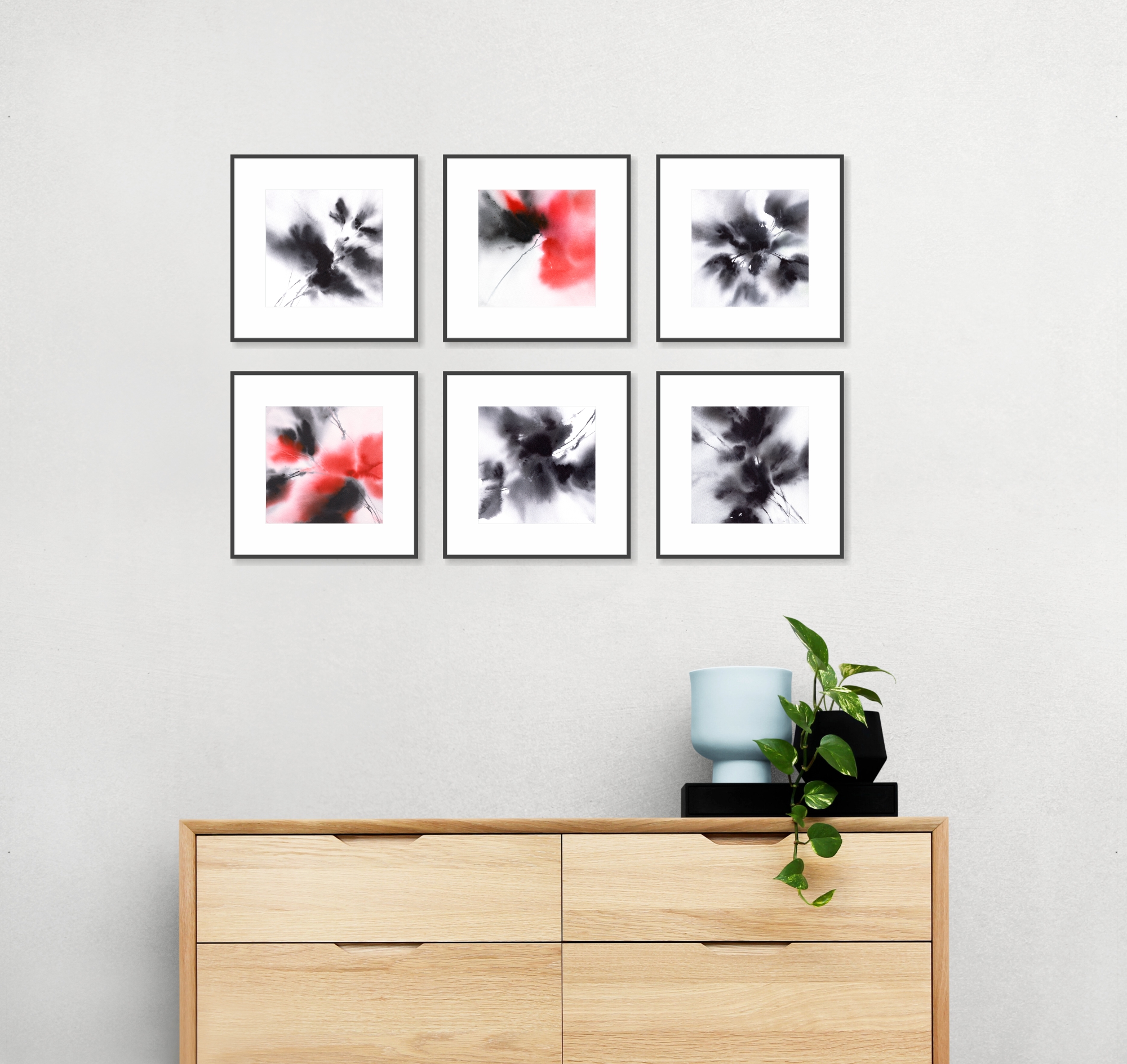 Minimalist wall art set Abstract black red flowers Original Inspire