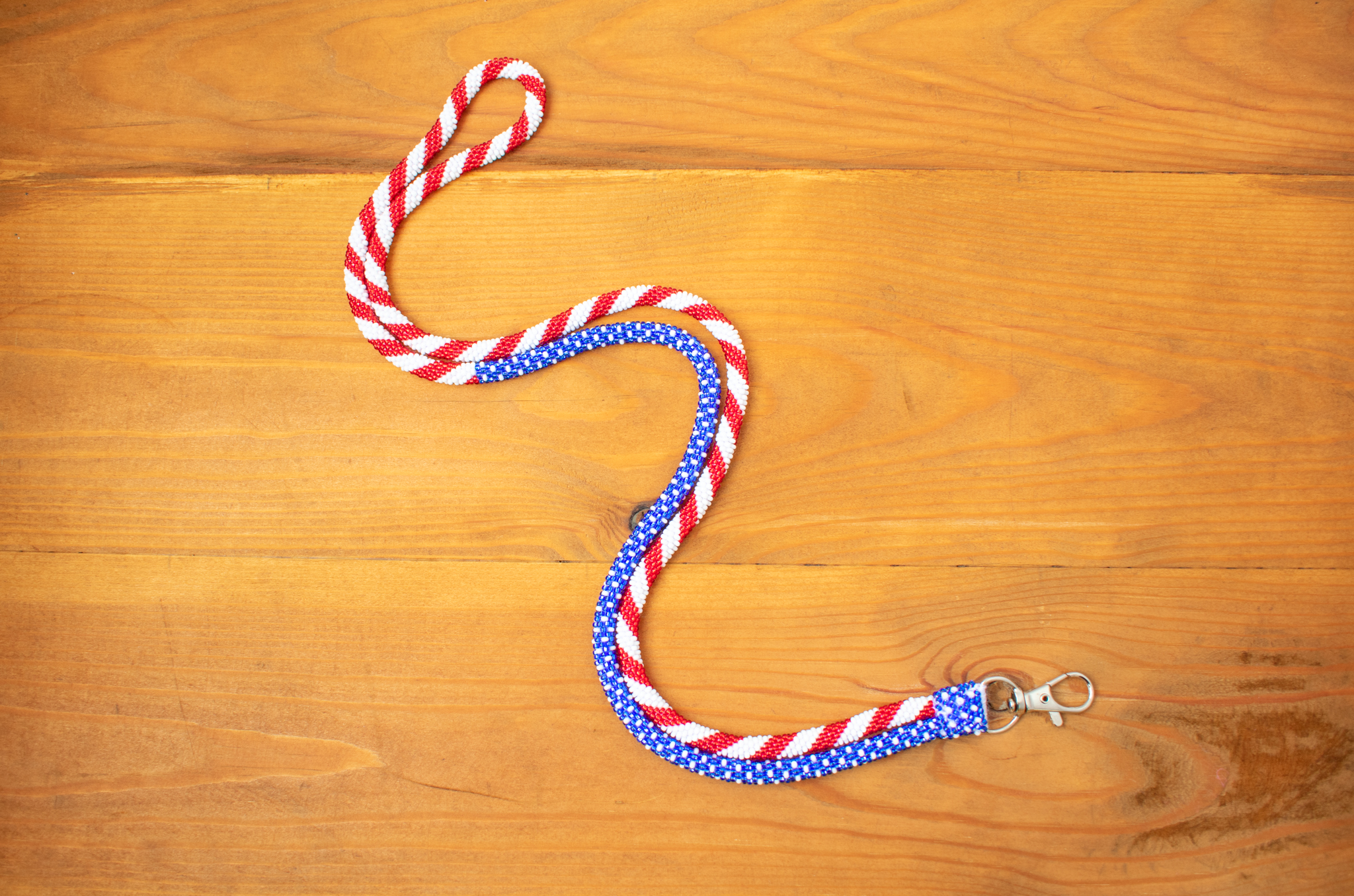 Patriotic beaded lanyard for keys and badge, White Red Blue Inspire