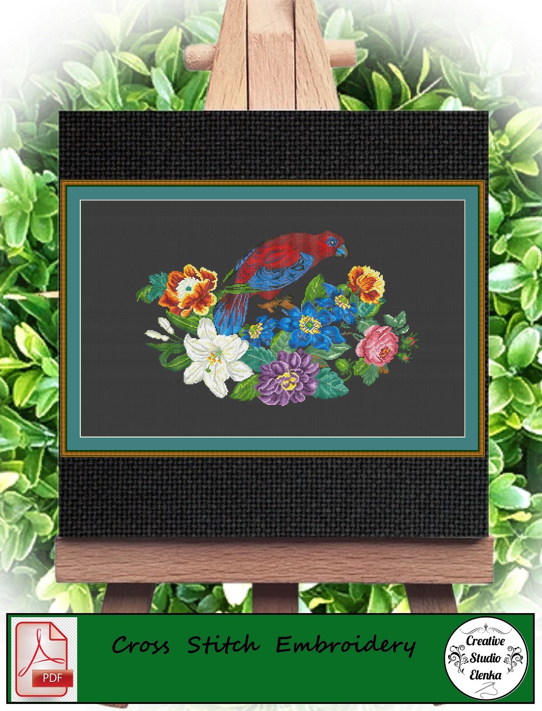 Cross stitch pattern of Birds and flowers - Vintage Cross Stitch Scheme Bird in the garden