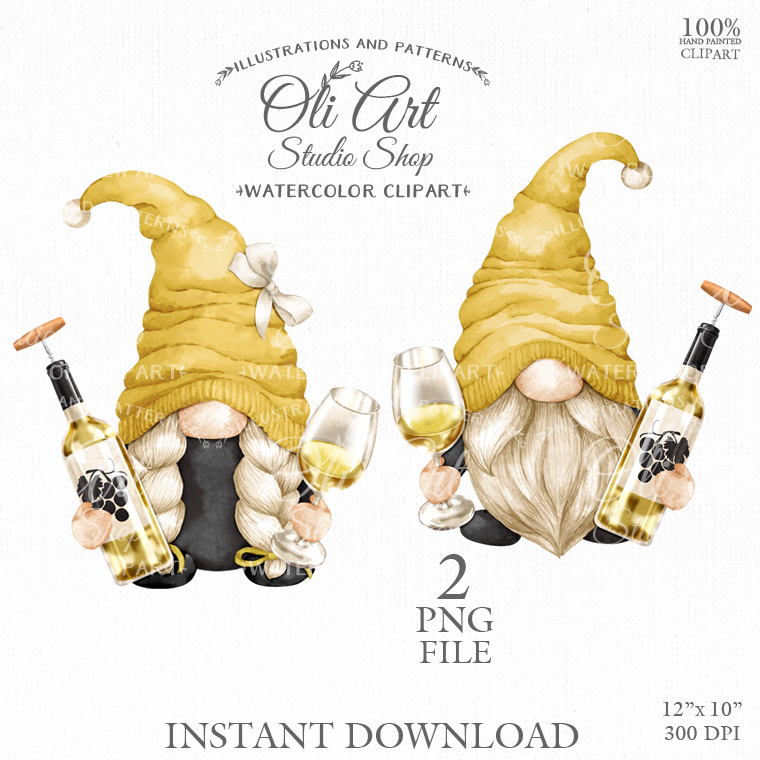 White Wine & Gnomes Clipart. Drinking Gnomes, Hand Drawn Gra Inspire