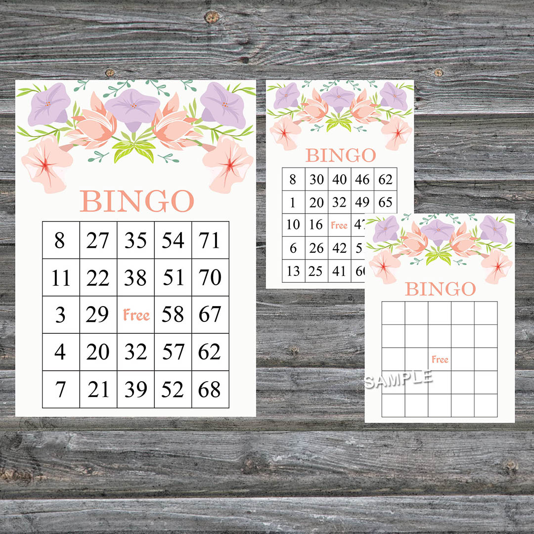 Pink and purple Flowers bingo game card,Floral bingo game ca Inspire