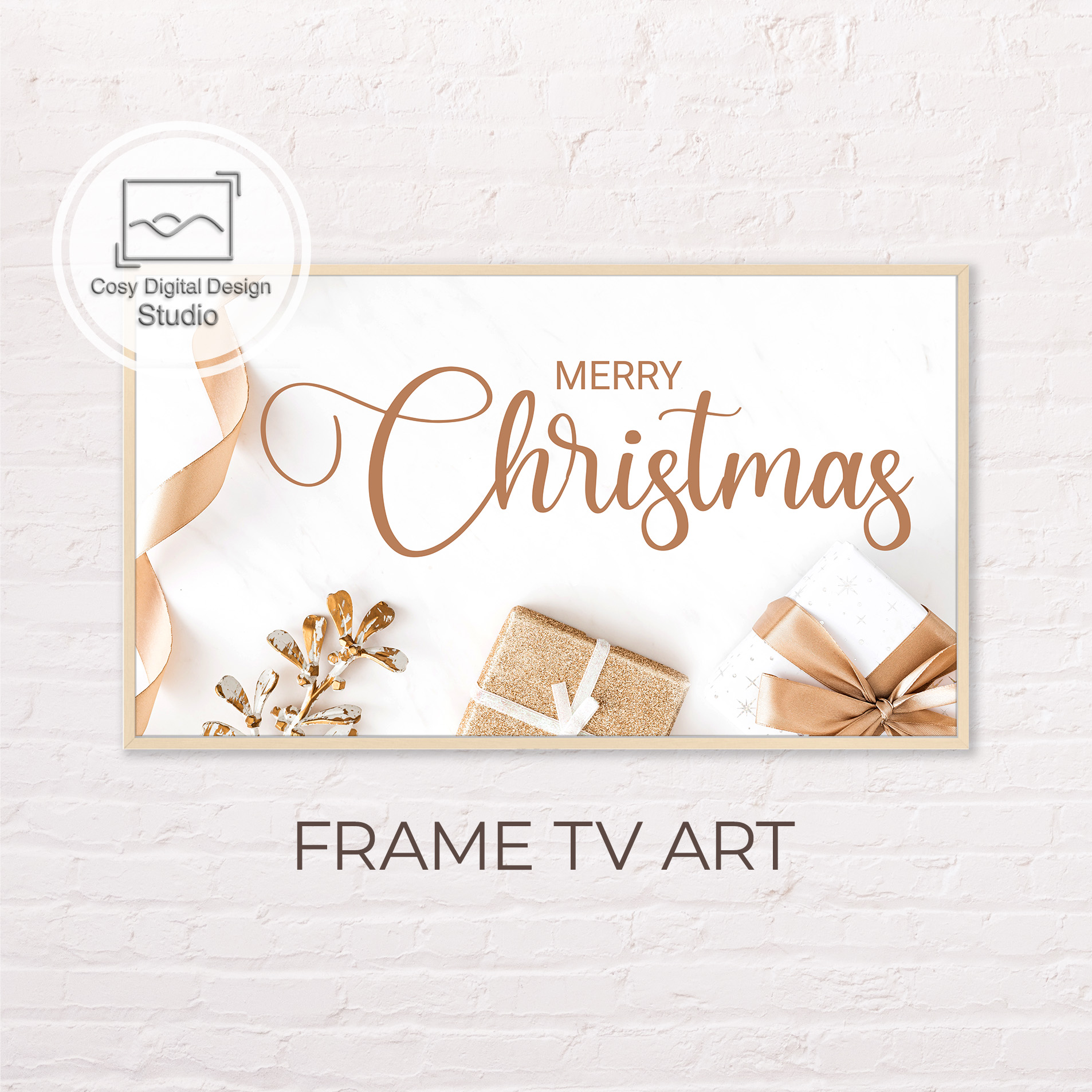 Samsung Frame TV Art 4k Merry Christmas Gold and White Art Inspire