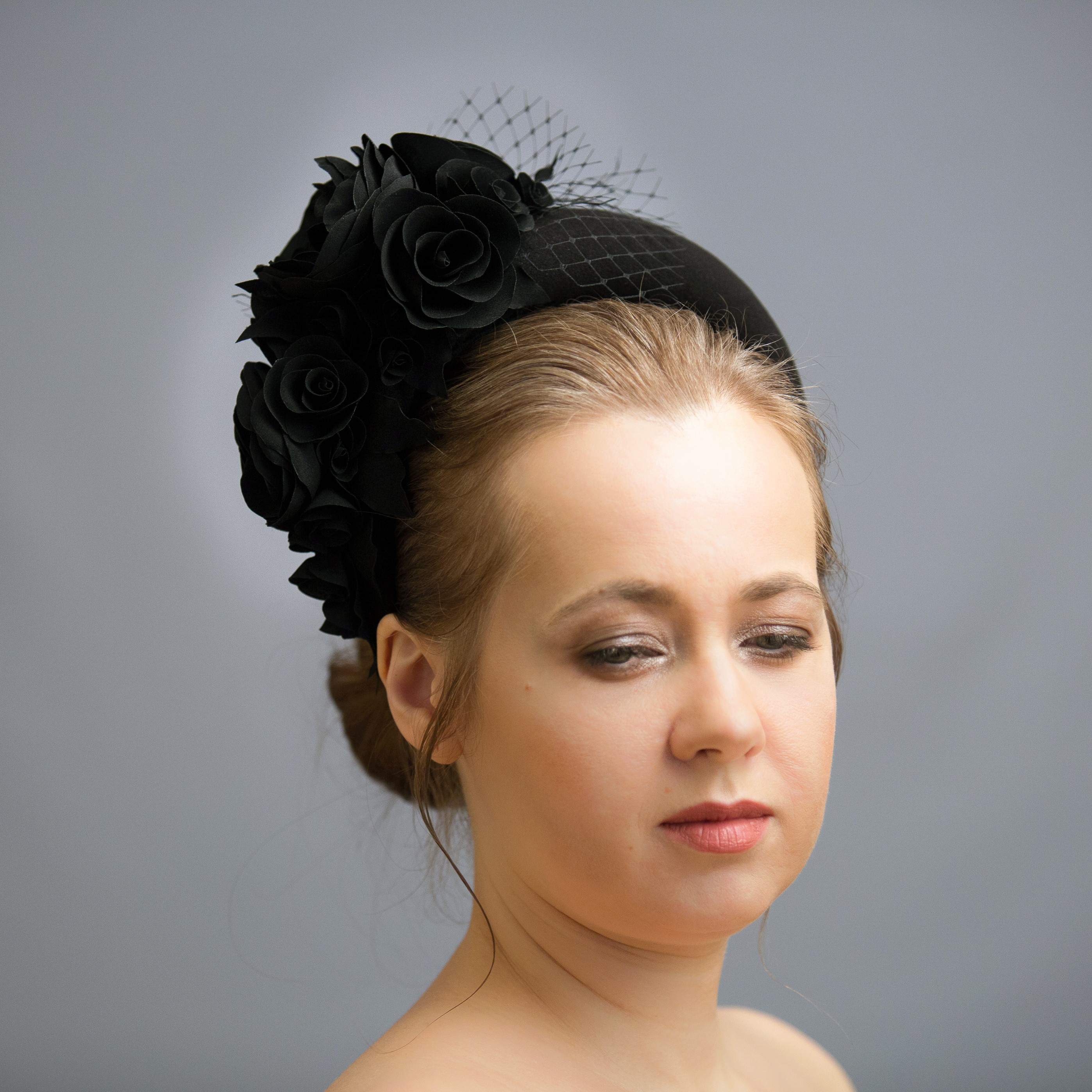 Black headband hat inspired by Kate Middleton, black half fl Inspire