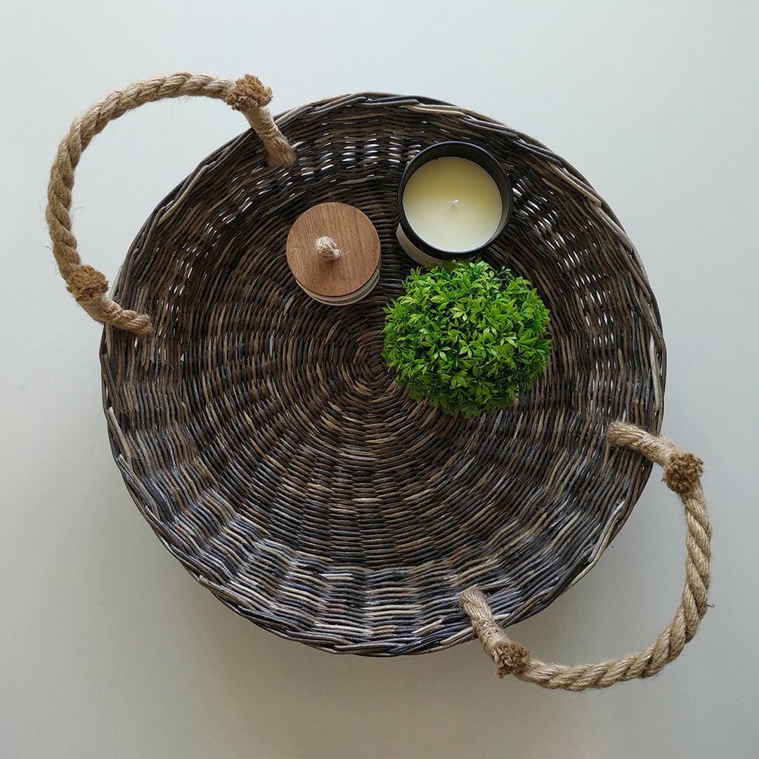 Round woven tray with handles. Large wicker serving tray. Inspire Uplift