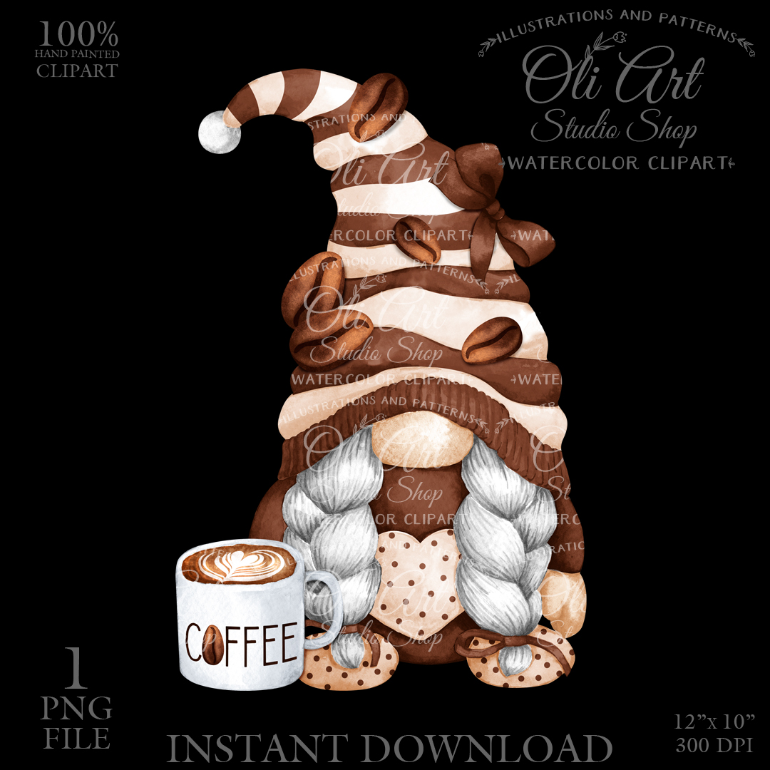 Coffee Gnome. Hand painted clipart. Cute Characters, Hand Dr - Inspire