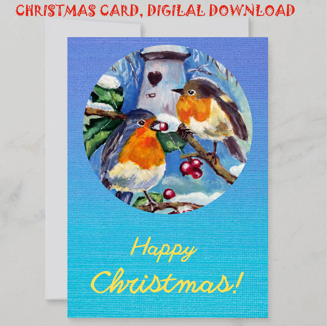 Happy Christmas Card, Digital downloar, Robin bird greeting - Inspire ...