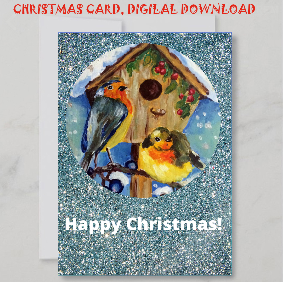 Digital greeding card, Christmas holiday card, Robin bird ha | Inspire ...