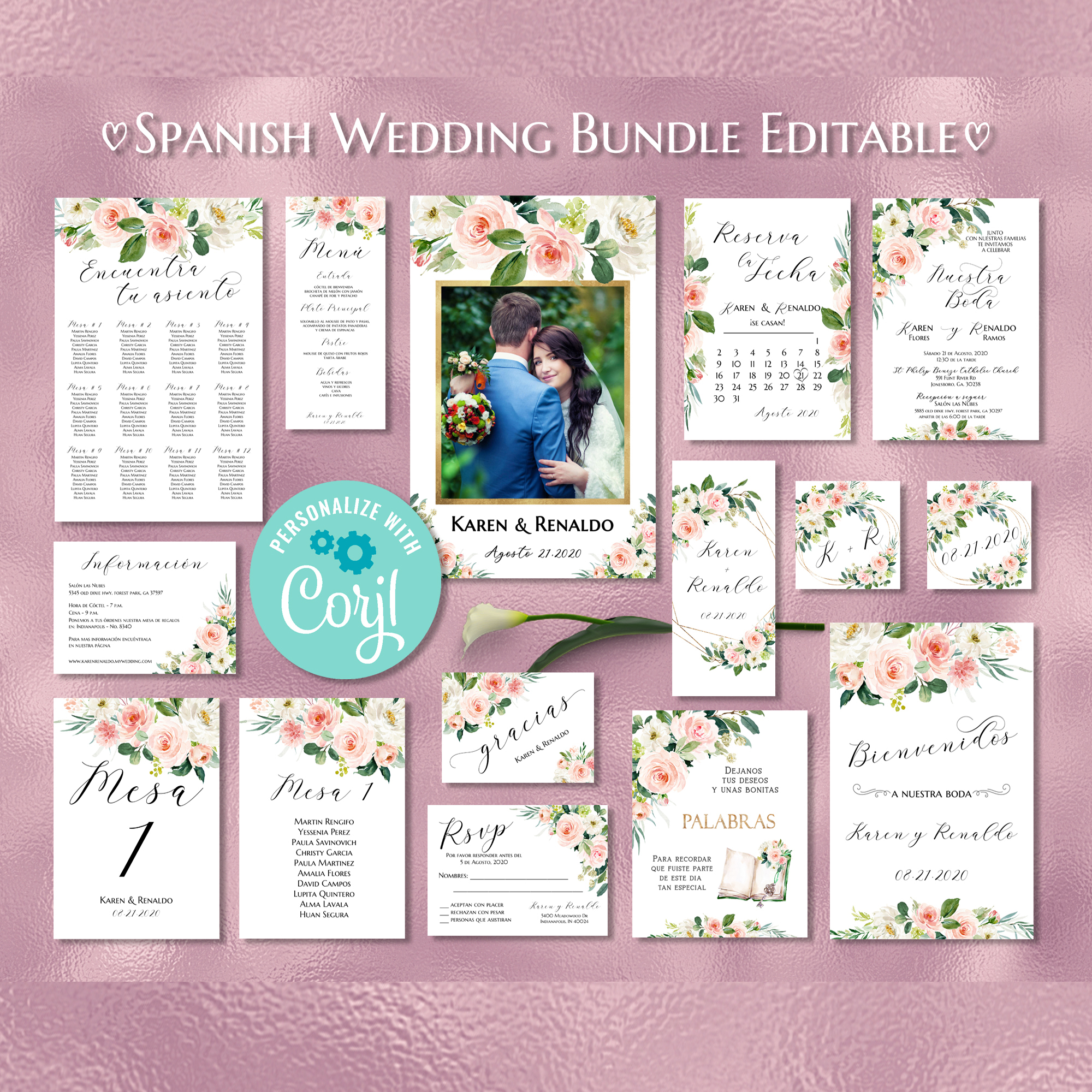 Pink Floral Spanish Wedding Bundle Printable Pack de Boda Sp | Inspire ...