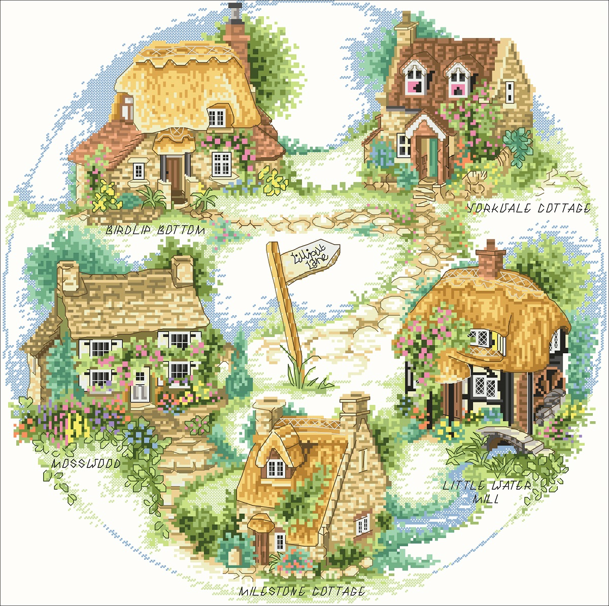 Digital Vintage Cross Stitch Pattern House Village ENGLI Inspire Uplift