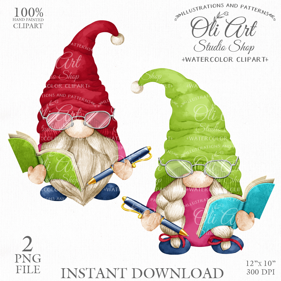 Writer Gnome Clip Art. Book Lover. Hand Drawn graphics. Digi Inspire