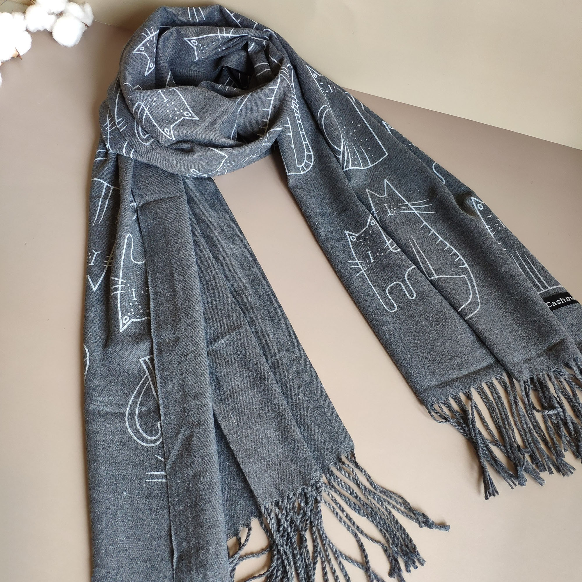 Long dark gray scarf with cat motif Inspire Uplift