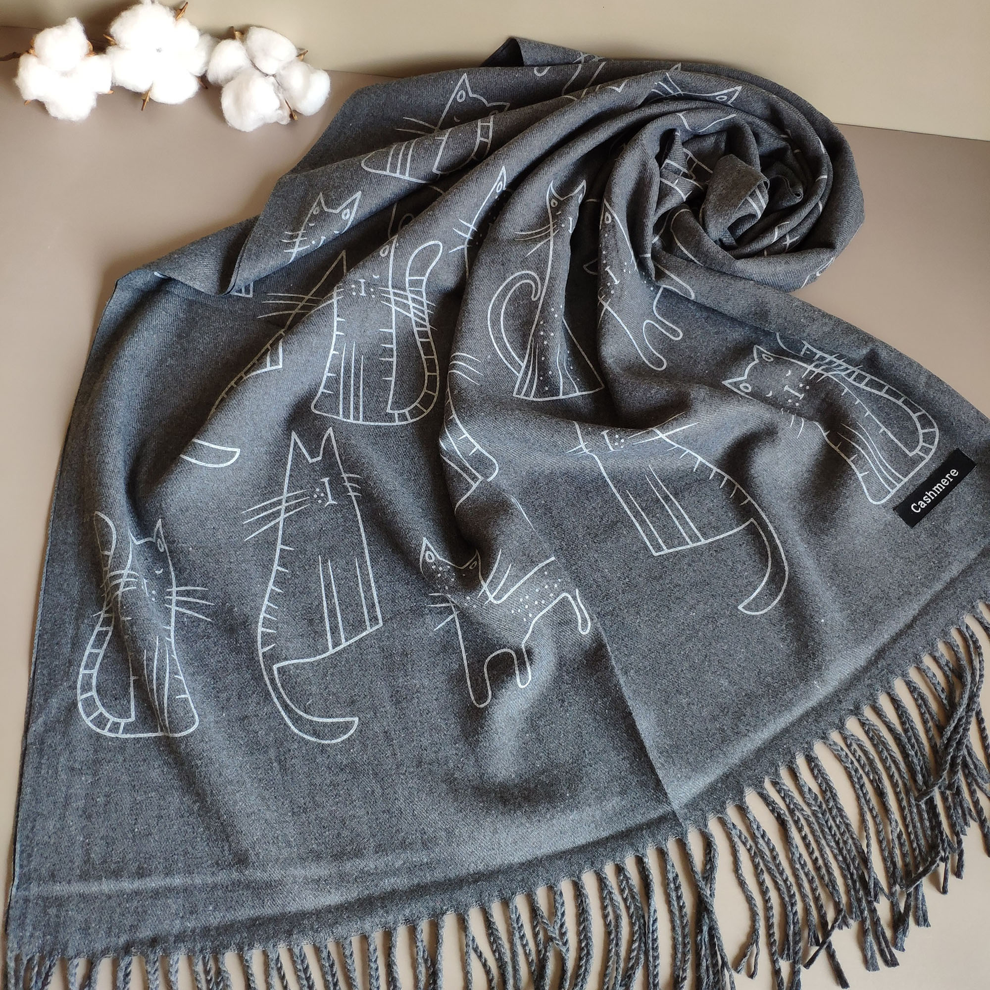 Long dark gray scarf with cat motif Inspire Uplift