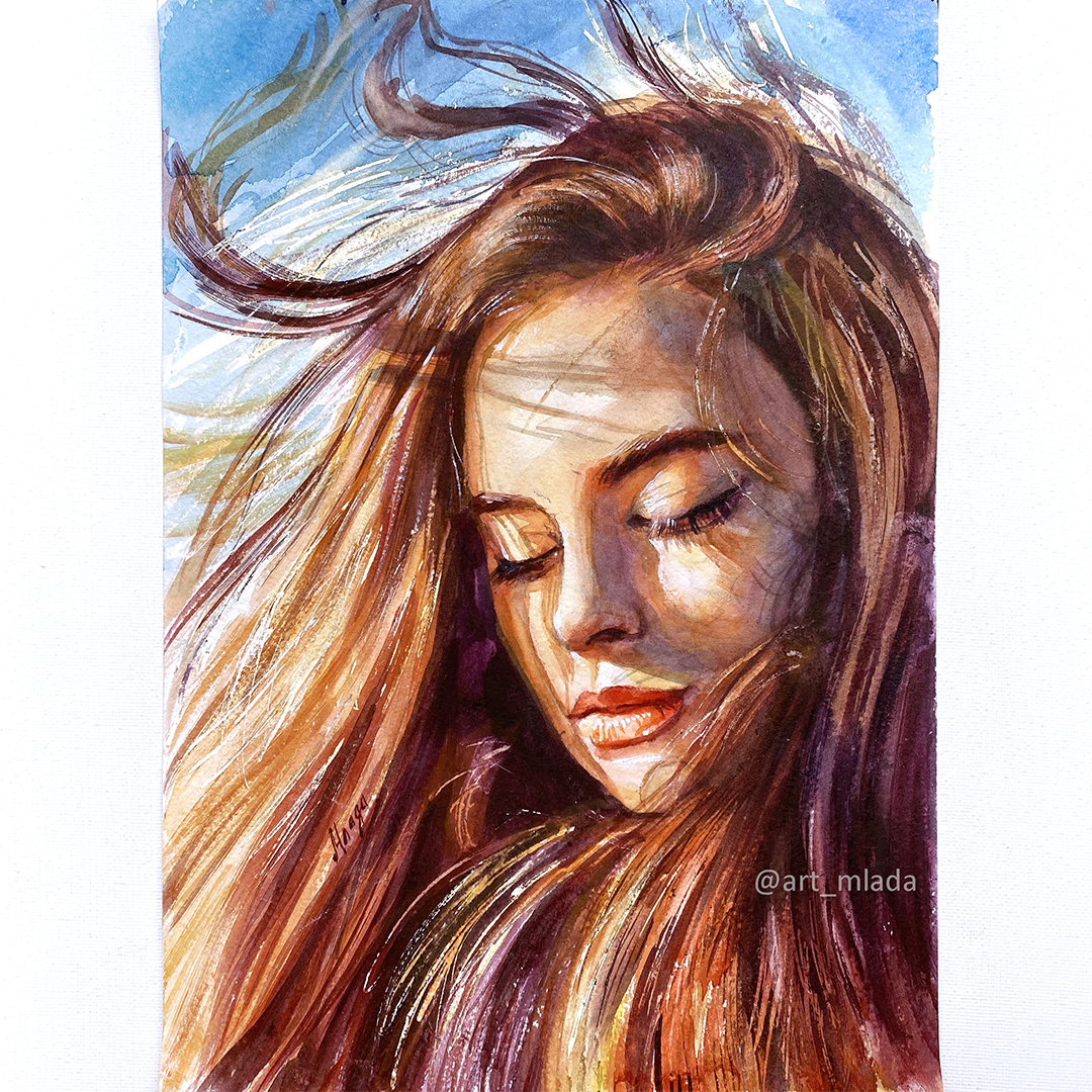 Original watercolor painting Red haired girl Wall art decor Inspire