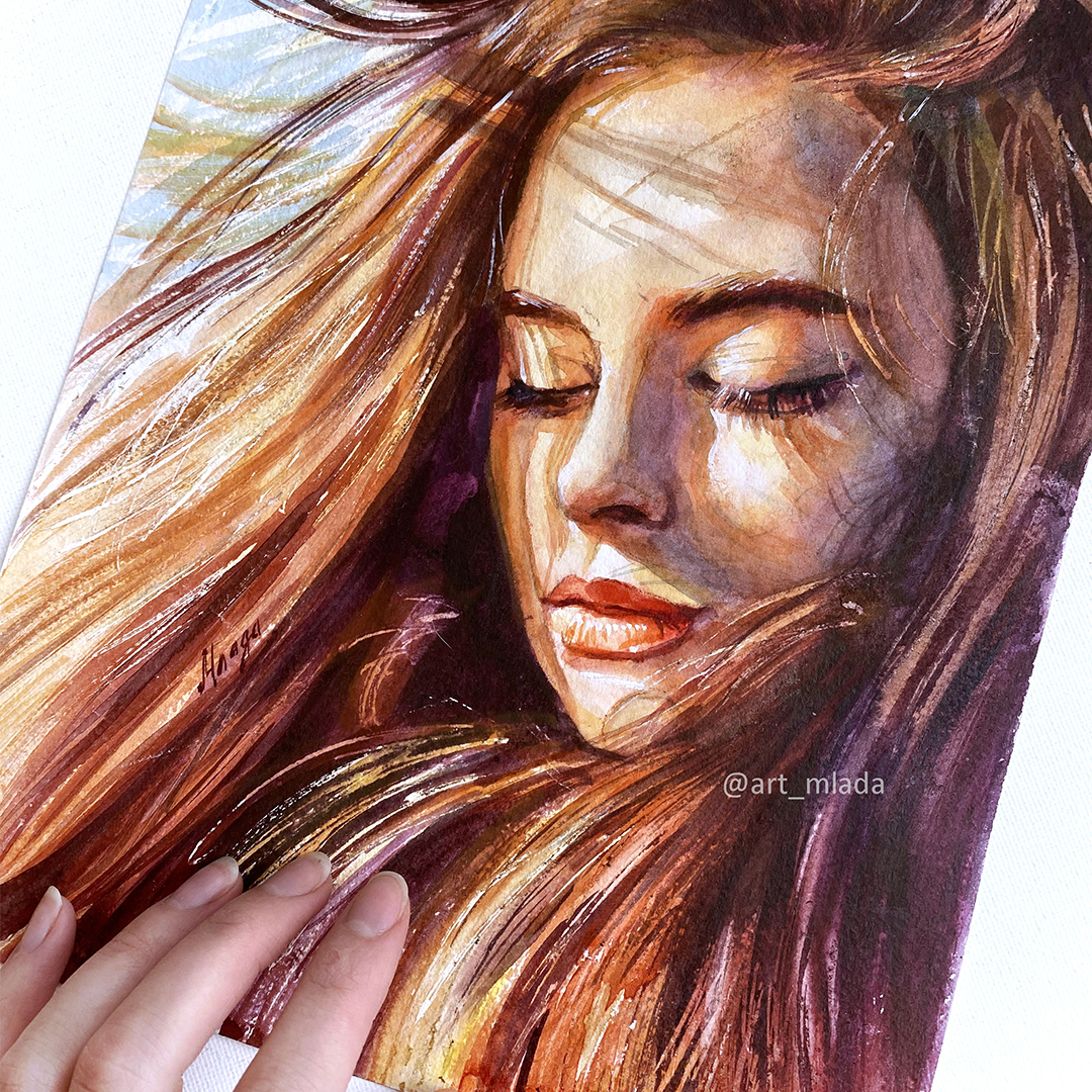 Original watercolor painting Red haired girl Wall art decor Inspire