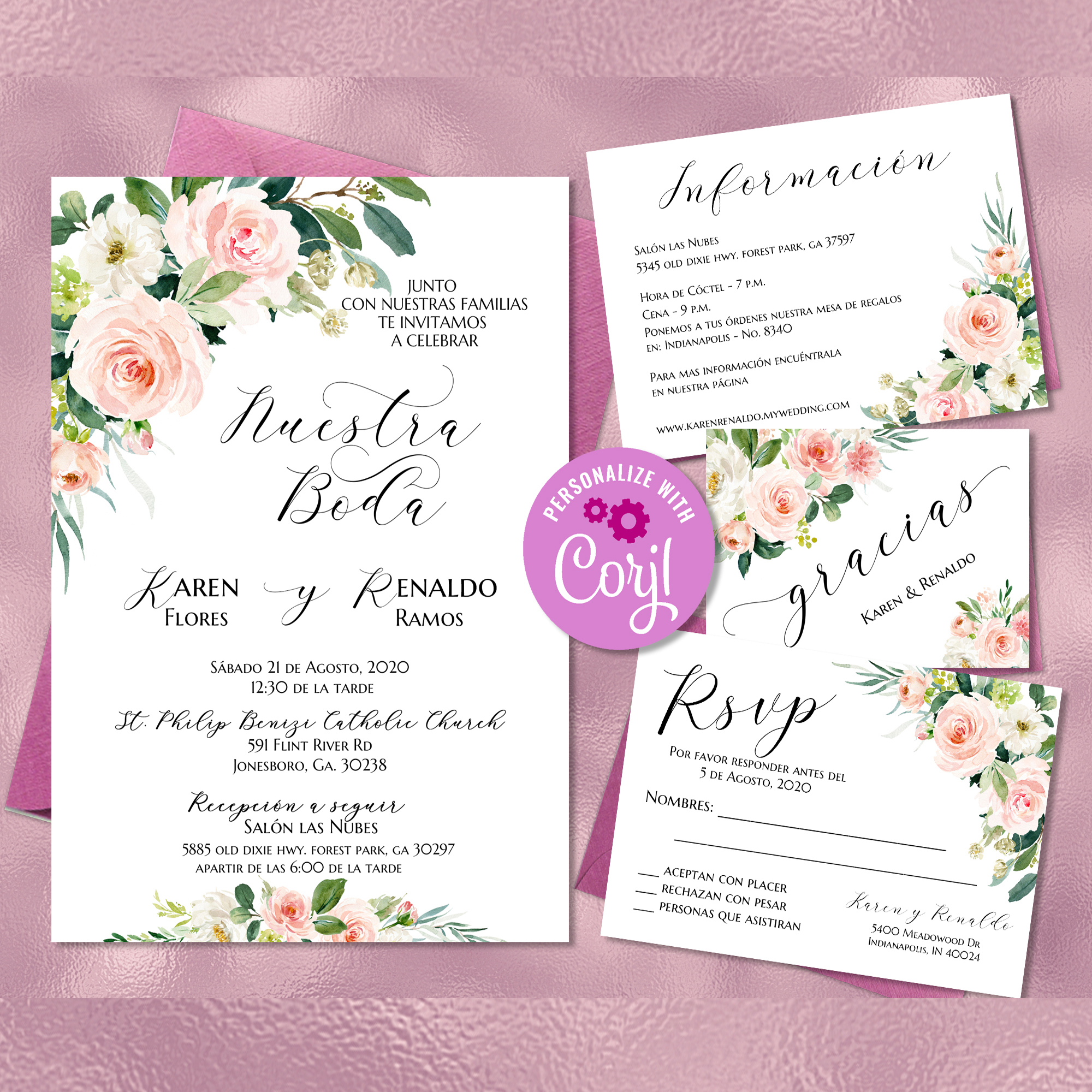 Pink Floral Pack de Boda Spanish Wedding Invitations Set, In Inspire