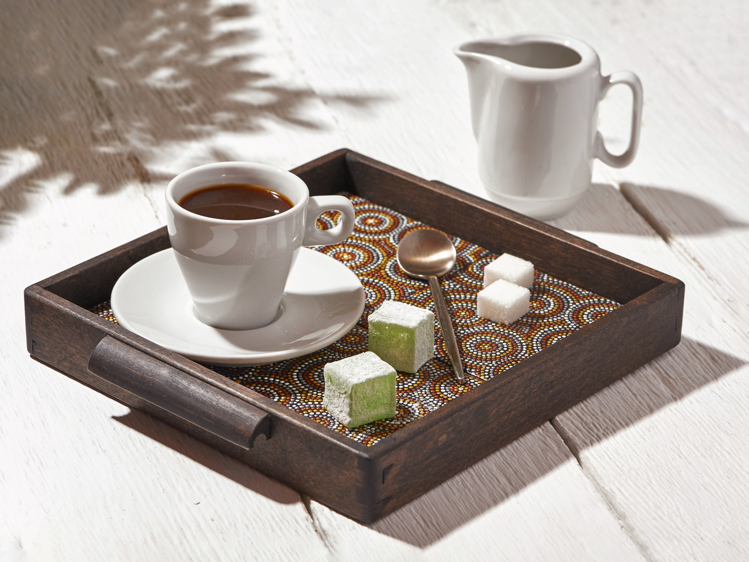 Small square wood coffee tray decorated with handpainted cer Inspire