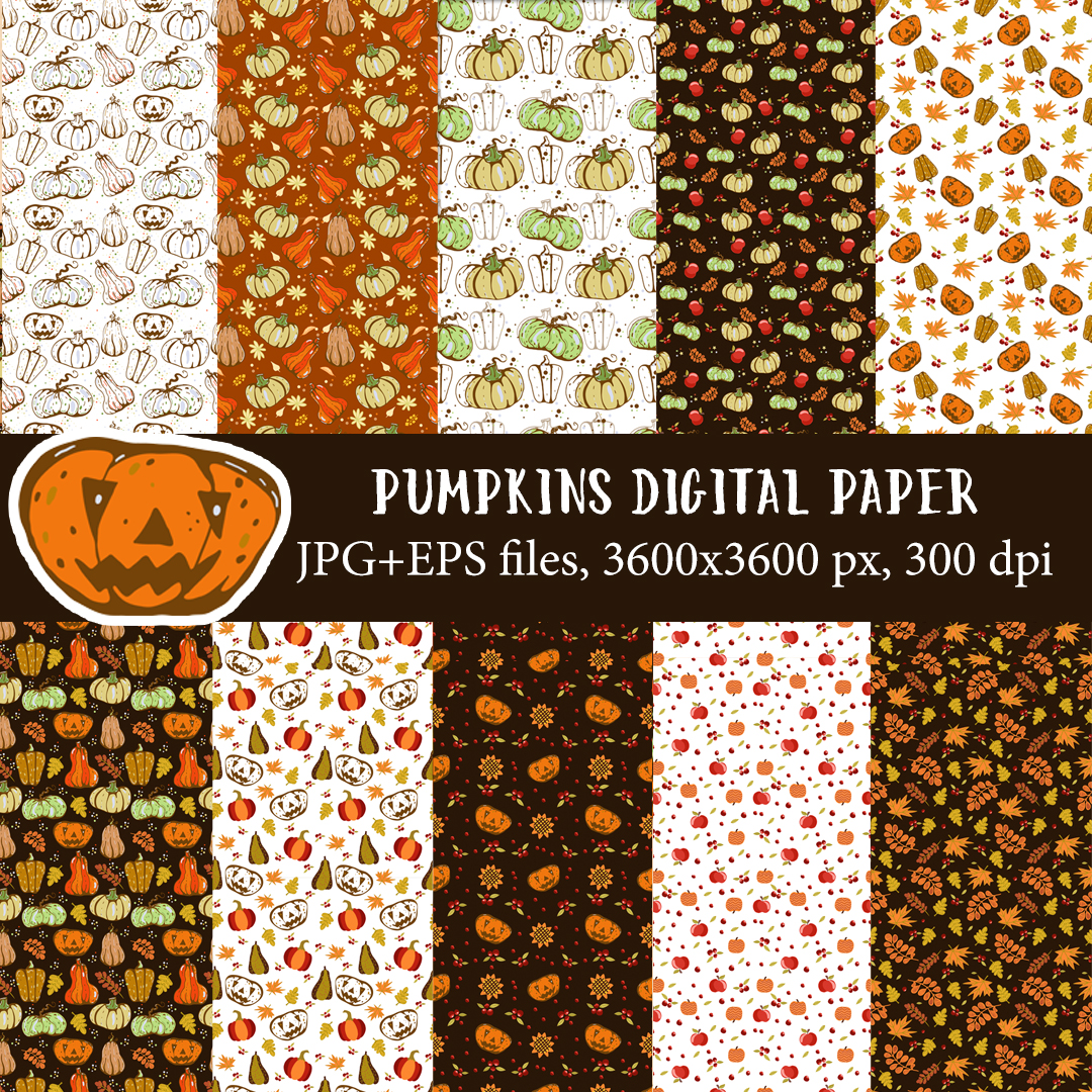 Halloween Pumpkin Digital Paper, Vector Seamless Patterns. Inspire Uplift