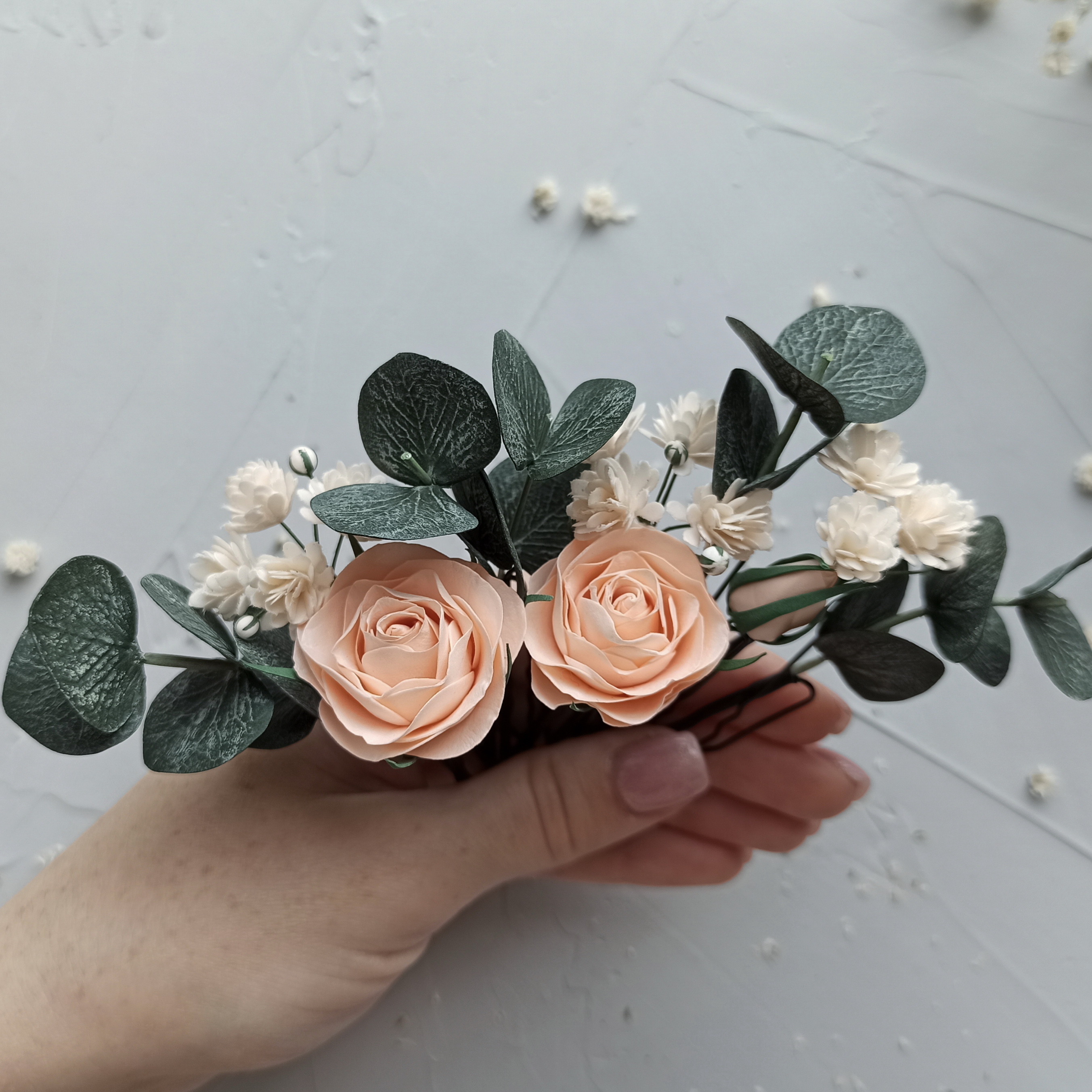 Bridal peach rose hair clip Deep forest green wedding eucaly Inspire Uplift