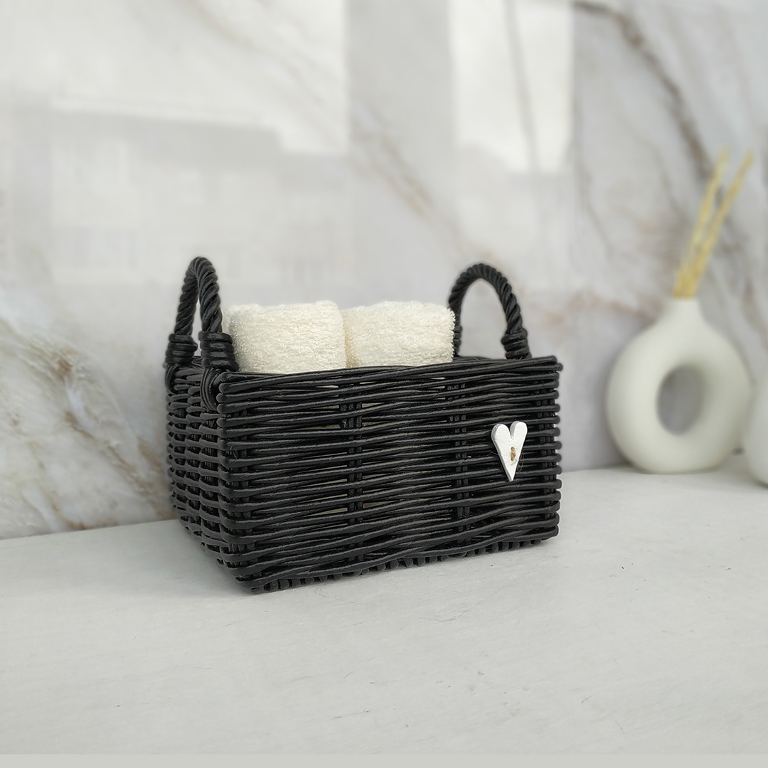 Hand towel basket. Black storage basket. Small wicker hamper Inspire
