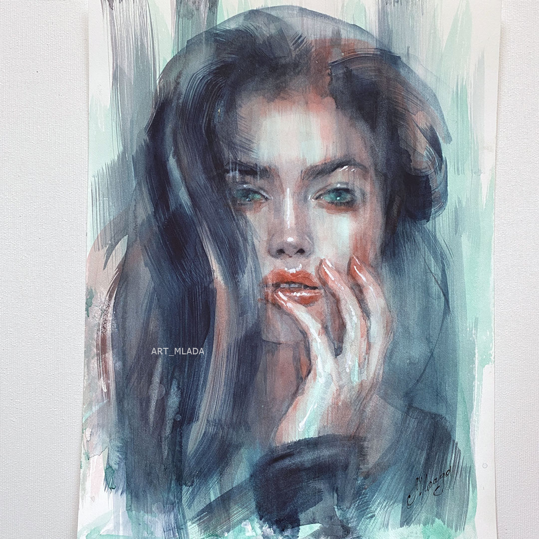 Indigo watercolor painting Woman portrait Wall art decor Fem Inspire