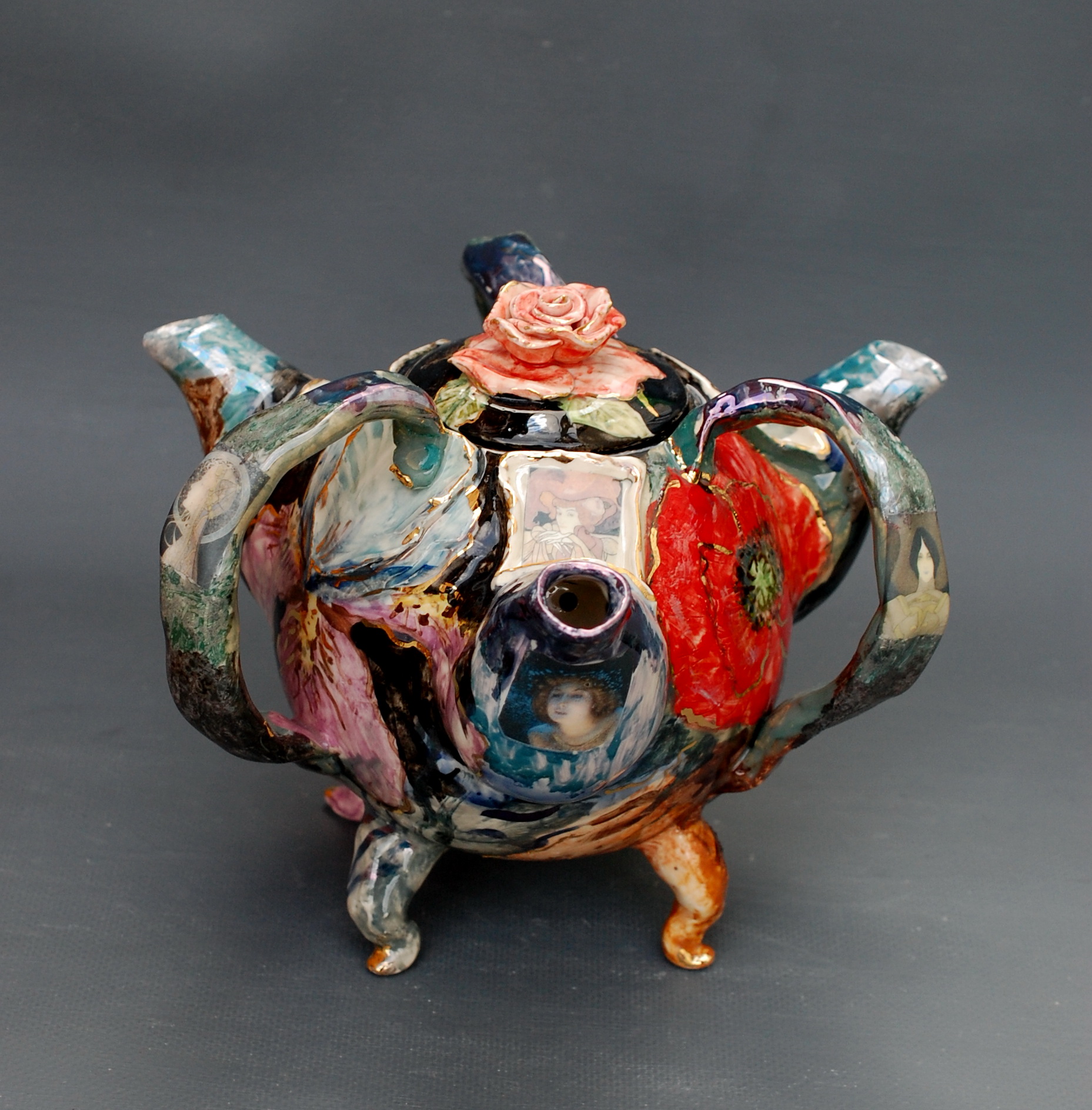 Unusual teapot Three spouts Teapot Porcelain Hand painted t Inspire